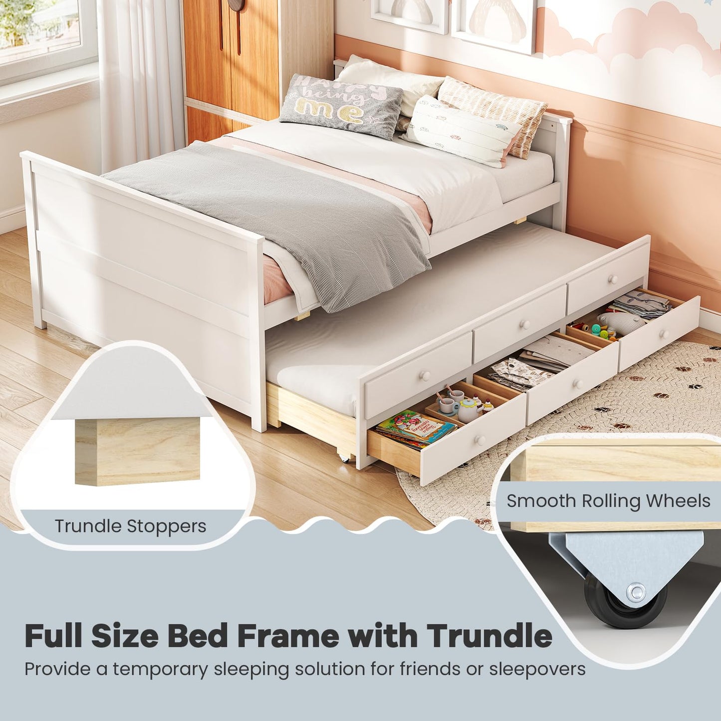 Giantex Full Size Bed Frame with Twin Trundle & 3 Storage Drawers, Modern Platform Bed with Headboard & Footboard, Wooden Slats Support Captain Bed for Teens Adults, No Box Spring Needed, White