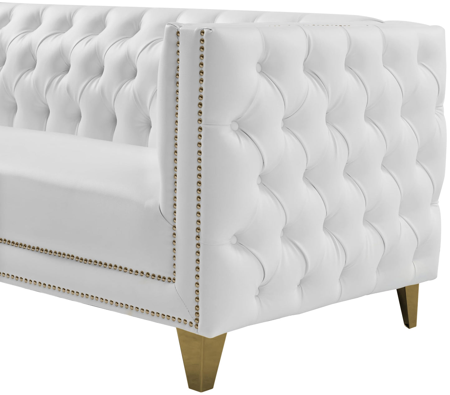 Meridian Furniture 651White-L Michelle Collection Modern | Contemporary Loveseat with Deep Button Tufting, Gold Nailhead Trim and Sturdy Gold Iron Legs, White Vegan Leather, 66" W x 34" D x 30" H