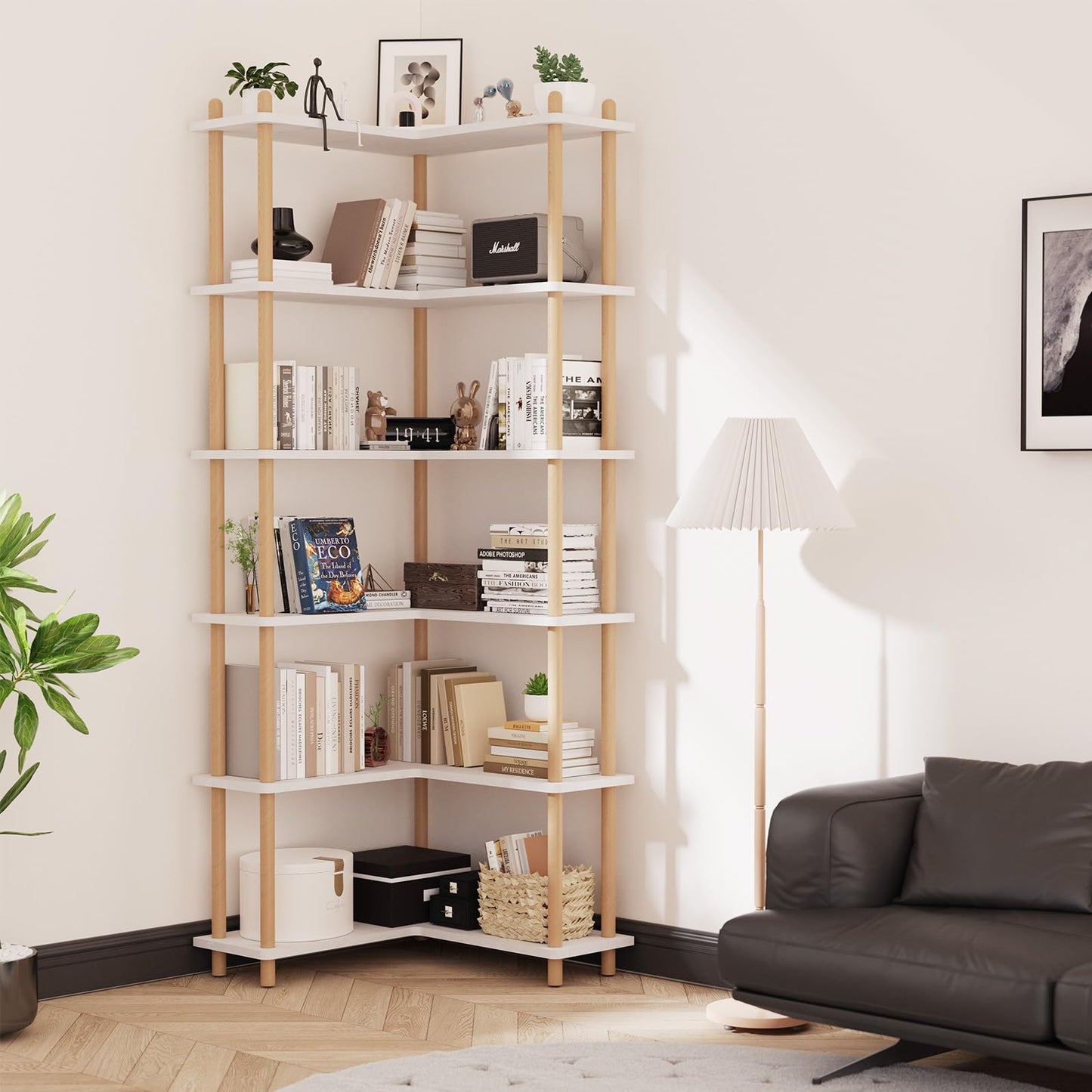 5-Tier White Corner Bookshelf with Solid Beech Wood Poles, 70.8" Tall Easy-Assembly Corner Shelf Unit, Free-Standing Bookcase for Living Room Bedroom Home Office, Space-Saving Corner Storage Solution