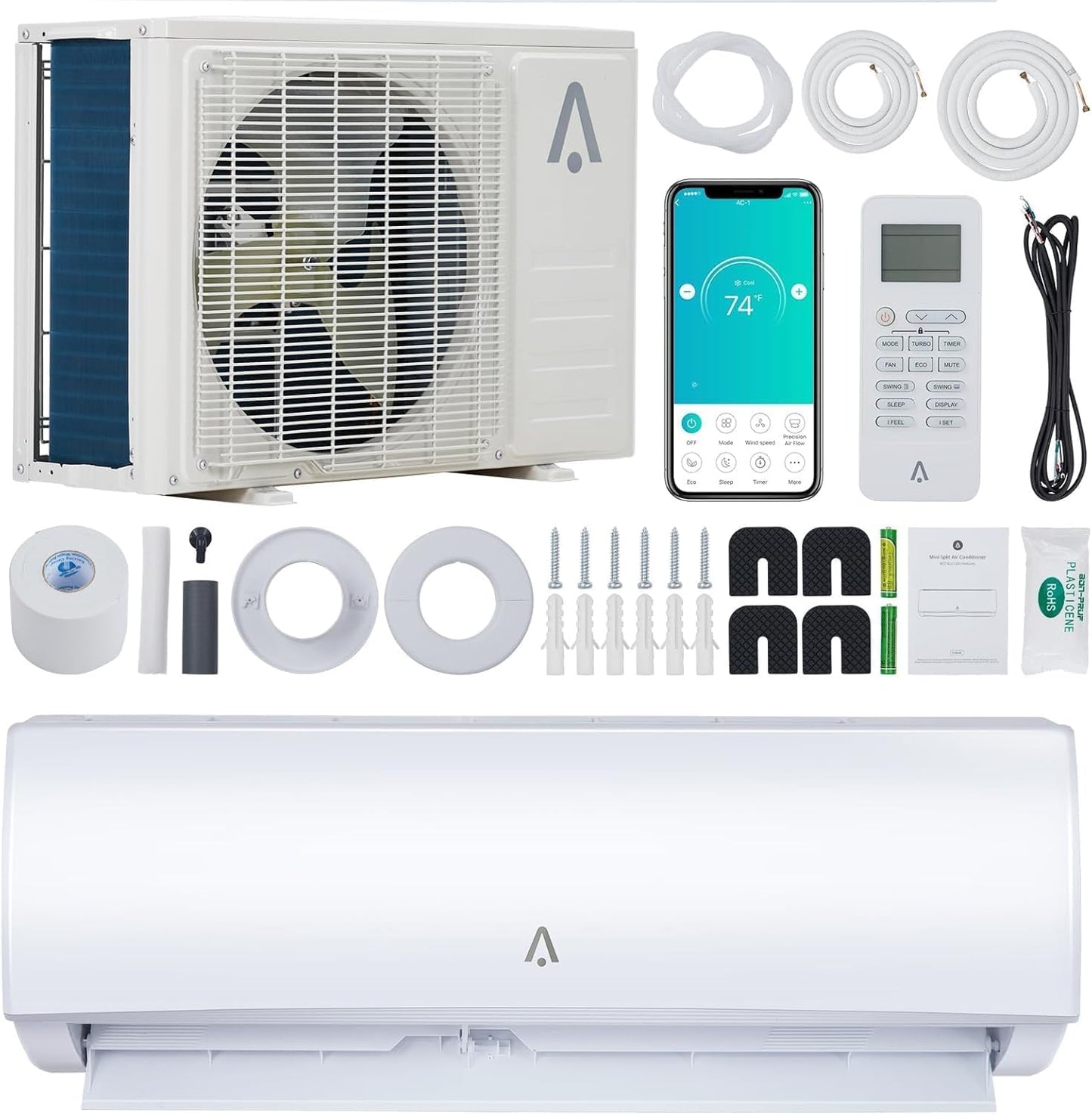 9,000 BTU Mini Split AC/Heating System, Mini Split Air Conditioners, 19 SEER2, Quiet Operation, 115V WIFI Enabled Energy Efficient Mini Split Unit, Installation Kits for Rooms Up to 450 Sq.ft