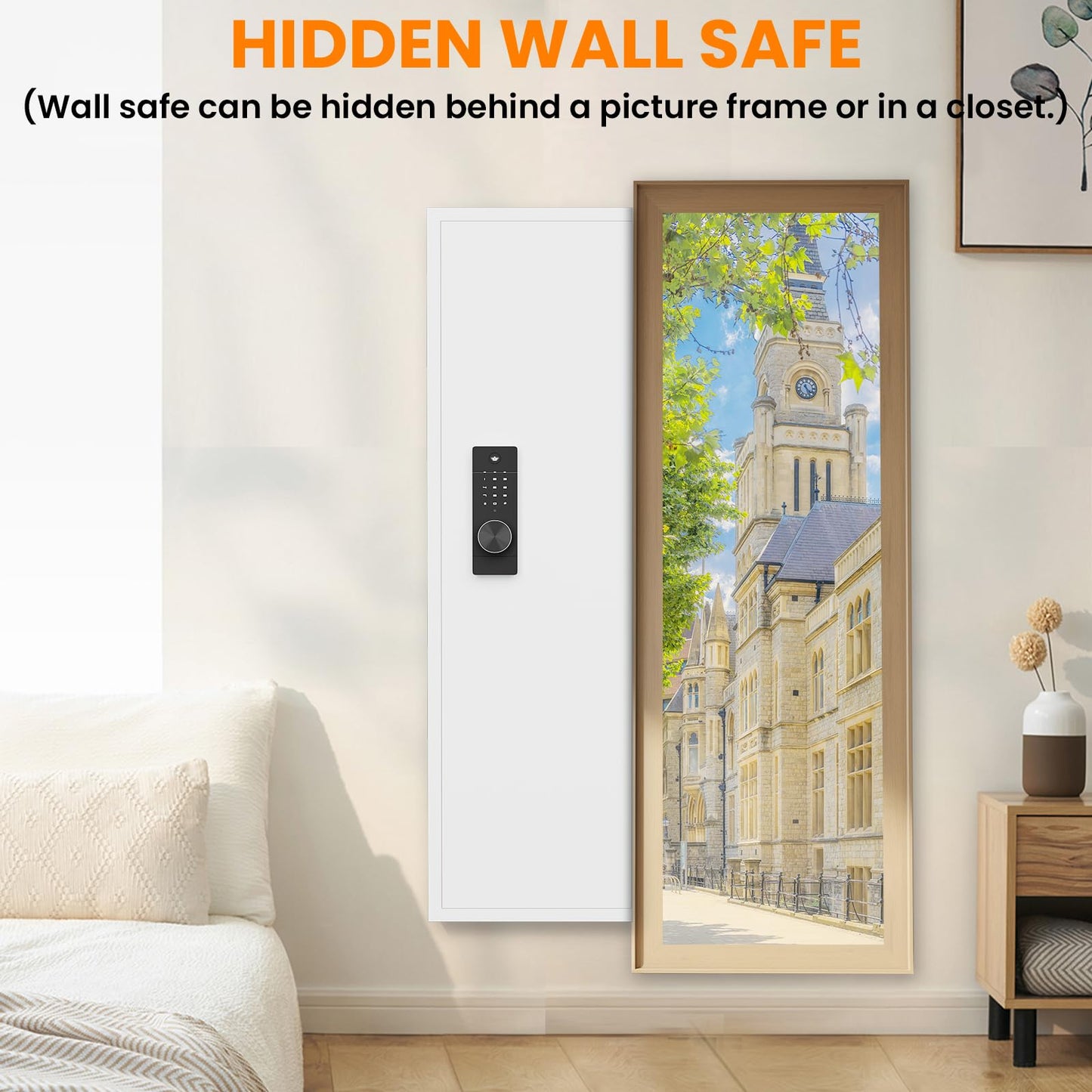 Omethey 53.15" Wall Safe Between the Studs, Hidden Safe with Dual Alarm System and Silent Mode, Wall Gun Safe with 3 Adjustable Shelves and Magnetic Slot (White-Digital)