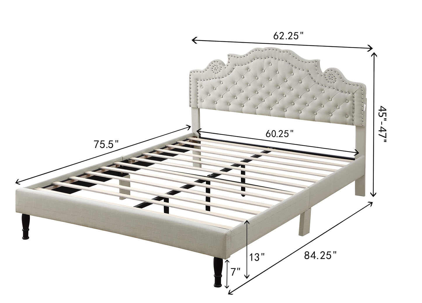 Queen Upholstered Platform Bed Frame with 47" Tall Adjustable Headboard - Button Tufted Linen Bed - Wood Slat Support with Storage Space - No Box Spring Needed - Beige - Oliver & Smith - Elizabeth