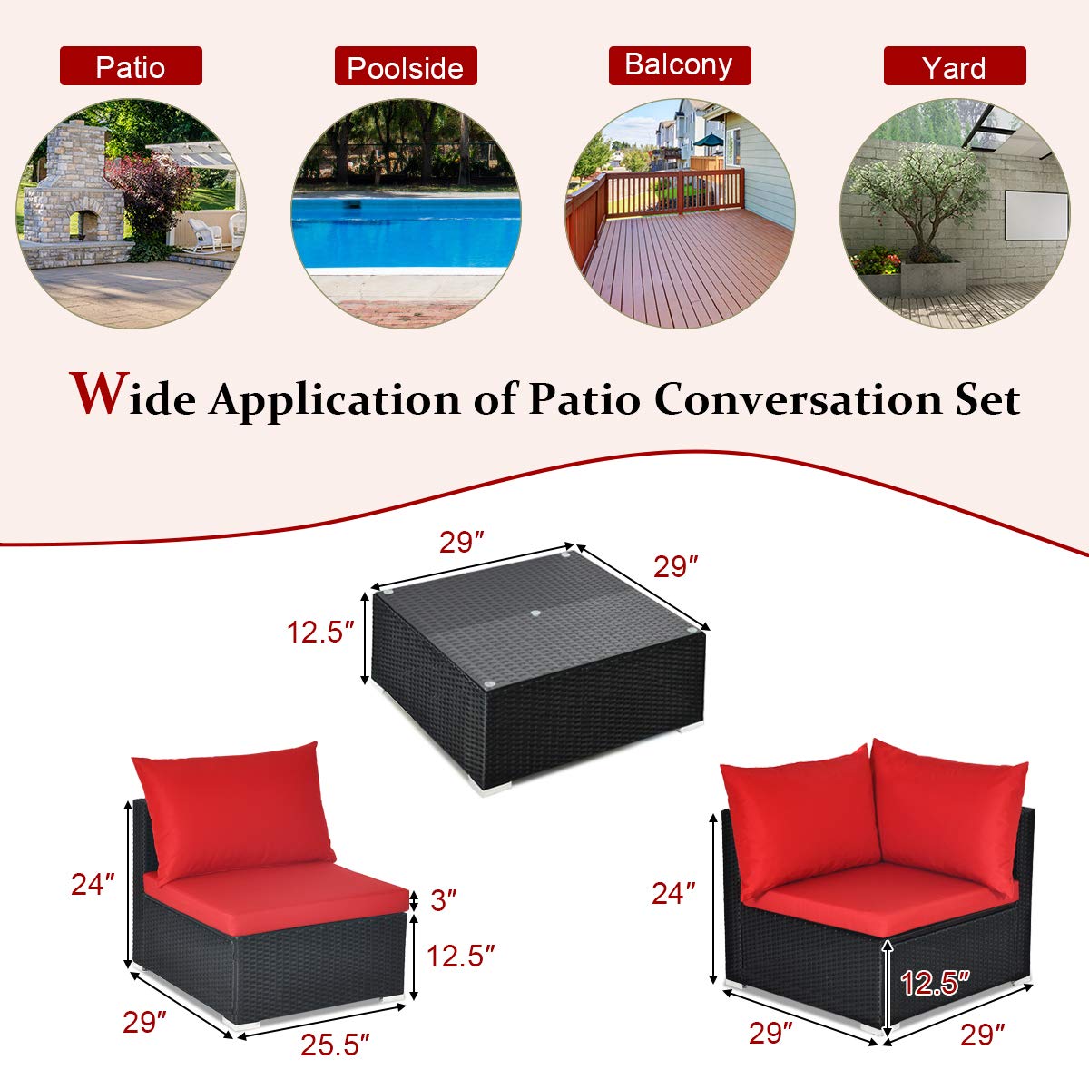 COSTWAY 7 Pieces Patio Furniture Set, Outdoor Rattan Conversation Set with 6 Seats, Coffee Tea Table, Soft Cushions, Wicker Patio Sectional Sofa for Garden Balcony Porch Poolside, Red