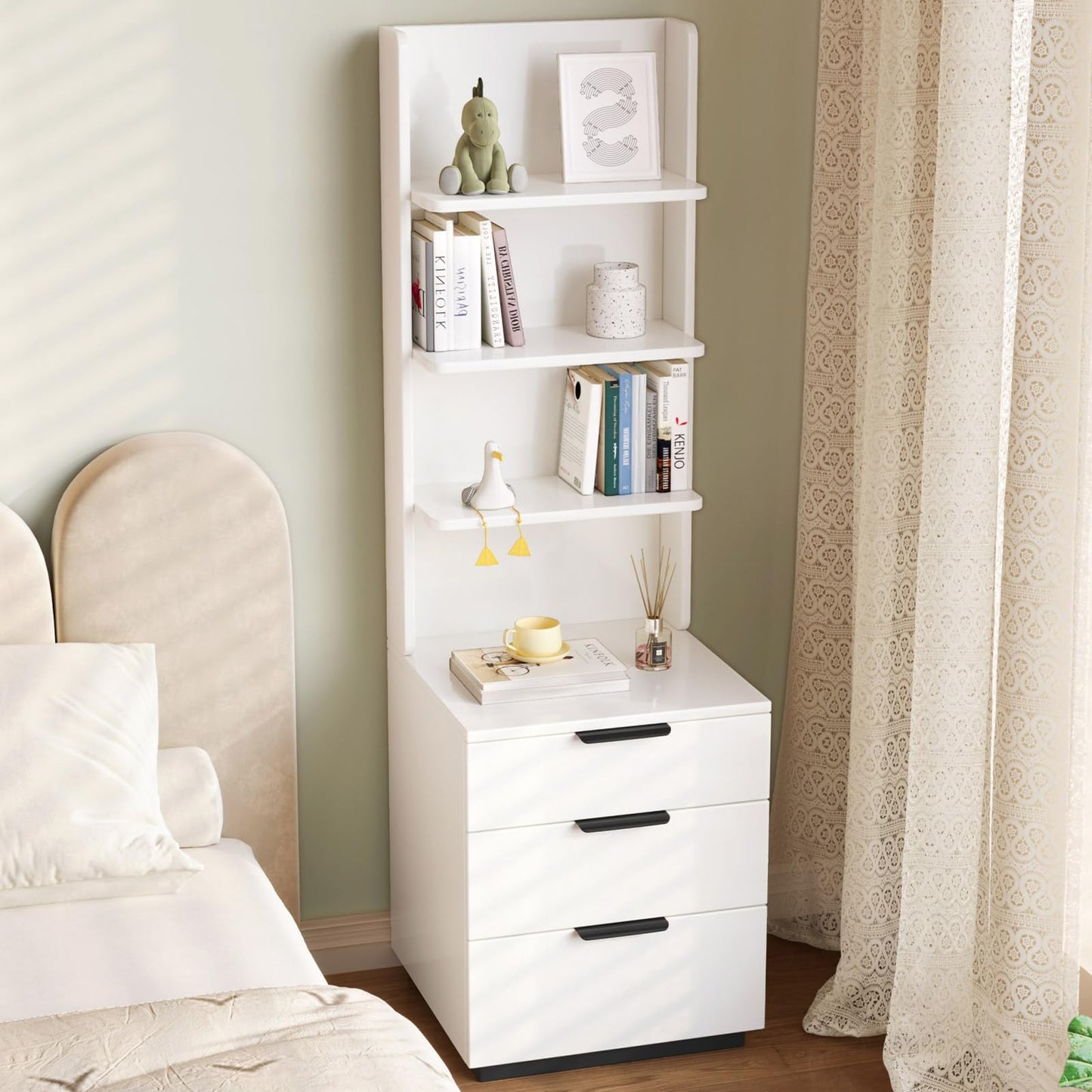 QEZEOM Tall Nightstand with Drawers & Open Shelves, 51.18" Bedside Storage Cabinet, Modern Free-Standing Bedroom End Table with Bookcase, Space-Saving, Easy Assembly, White