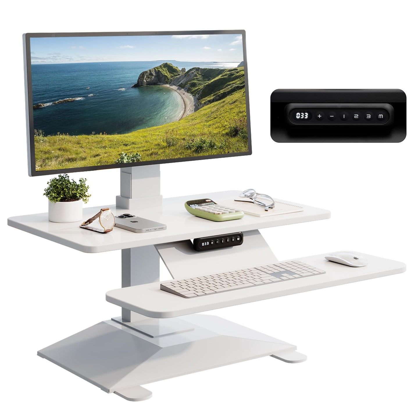Electric Standing Desk Converter 28" Wide, Height Adjustable Desk Riser, Computer Workstation, Sit-Stand Convertor for Home, Office, School (White, 1 Arm Included)
