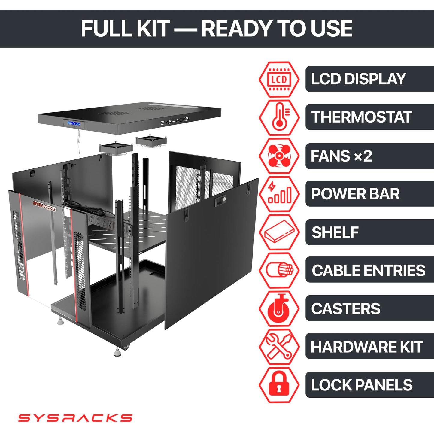 Sysracks 22U Premium Rack Mount Server 35" Depth Deep Network Cabinet, Server Rack with Fan, Removable Side Panels, Locking Glass Door Computer Cabinet Enclosure Network Rack Case PR 22.900