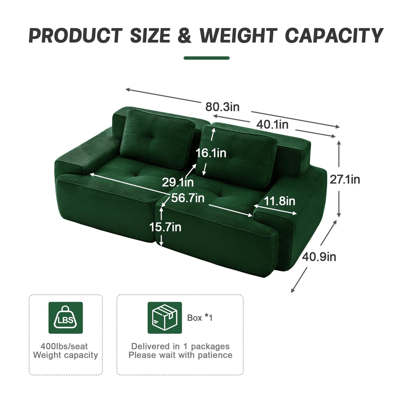 KEIKI 80" Oversized Corduroy Modular Sectional Loveseat Sofa with High-Density Foam Cushion & 2 Pillow, Upholstered Anti-slip Design 2-Seater Tufted Couch, No Assembly Required, for Living Room, Green