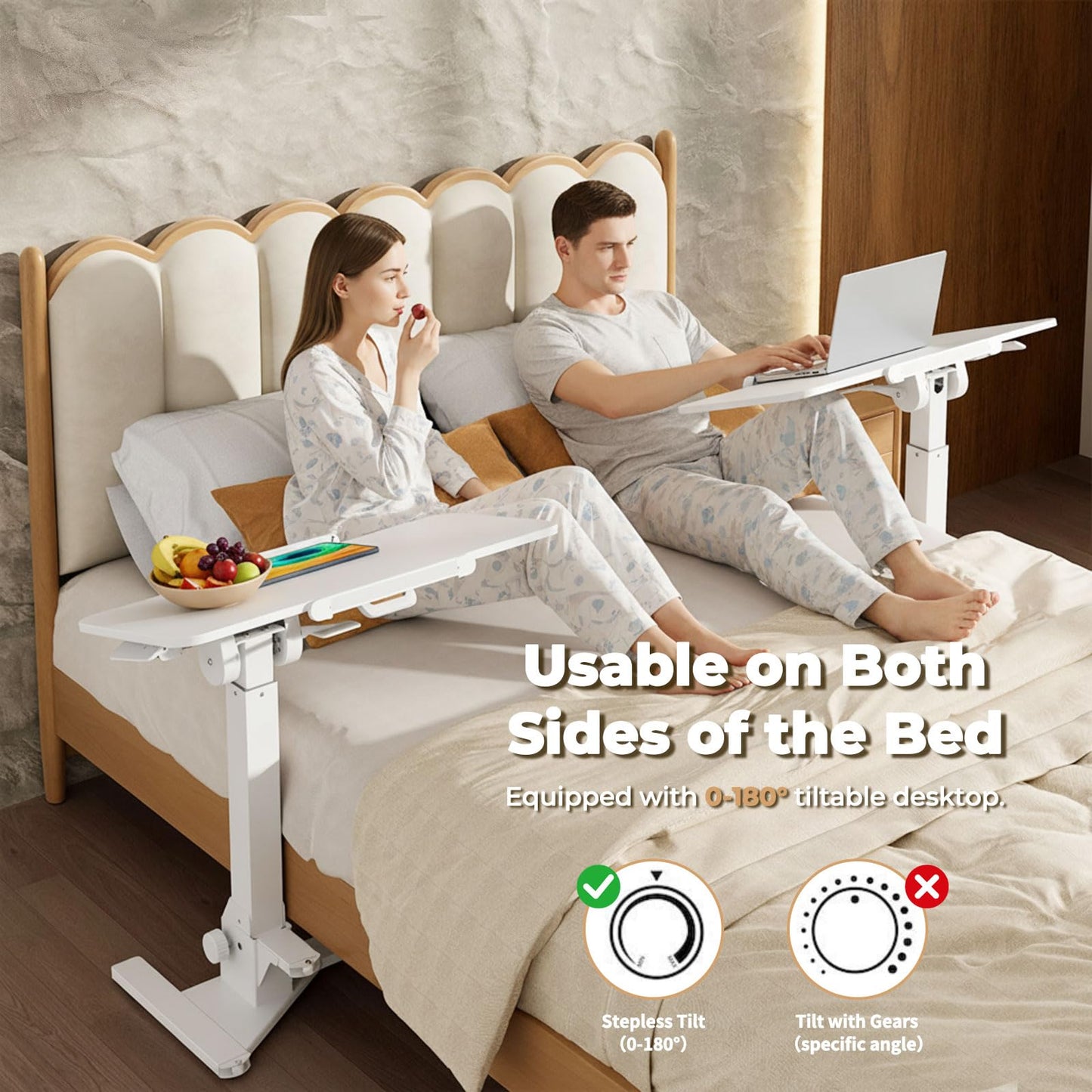 JOY worker Foldable Overbed Bedside Table, 180° Tiltable Mobile Standing Desk with Wheels, 31.5" Pneumatic Height Adjustable Rolling Laptop Desk for Home & Hospital Use, Easy Storage, White