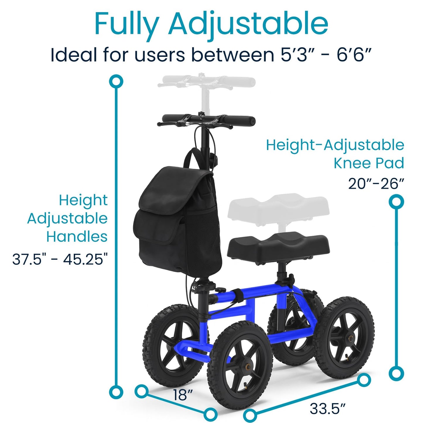 Vive Mobility All Terrain Knee Scooter Walker for Foot Injuries - Adult Broken Leg Crutch Cart Roller for Surgery, Broken Foot, Ankle Injury - Kneeling Rolling Steerable Seated Wheel Scooter Aid
