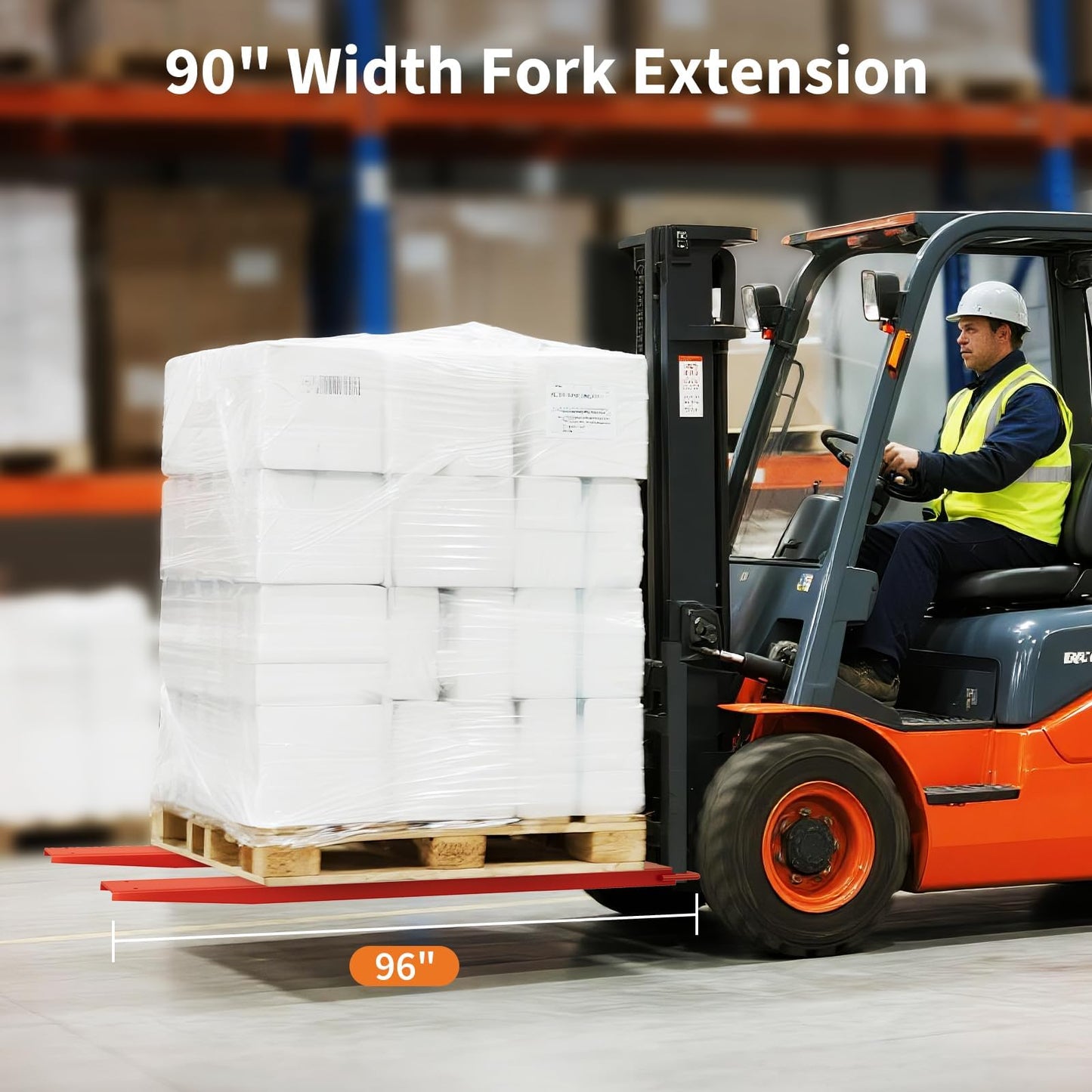 96" Forklift Extensions - Heavy Duty Pallet Fork Extensions for 4.5" Wide Forks, High Tensile Steel Fork Extender with Safety Strap for Warehouse, Construction, Farm