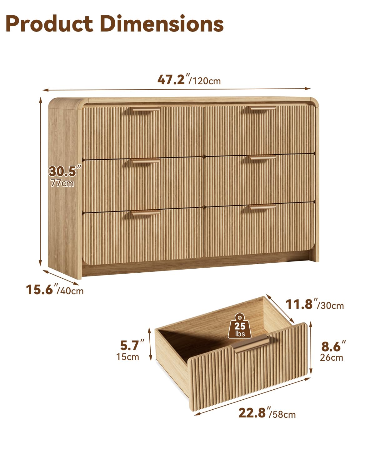 HOTALLOY Fluted 6 Drawer Dresser, 47” Wide Wooden Storage Chest with Rounded Curved Corners and Gold Handles, Natural Oak Wood Dresser for Bedroom, Living Room, Hallway