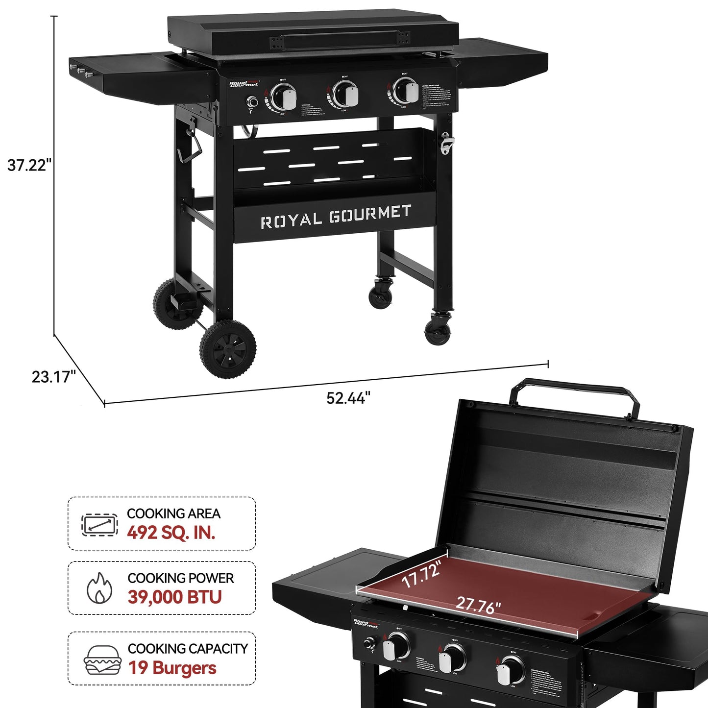 Royal Gourmet GB3000PB 3-Burner Gas Griddle with Hood, Griddle with Collapsible Side Shelves, 39,000 BTU, 492 Sq. In. Cooking Area, Electronic Ignition, Swivel Wheels with Brakes, Black