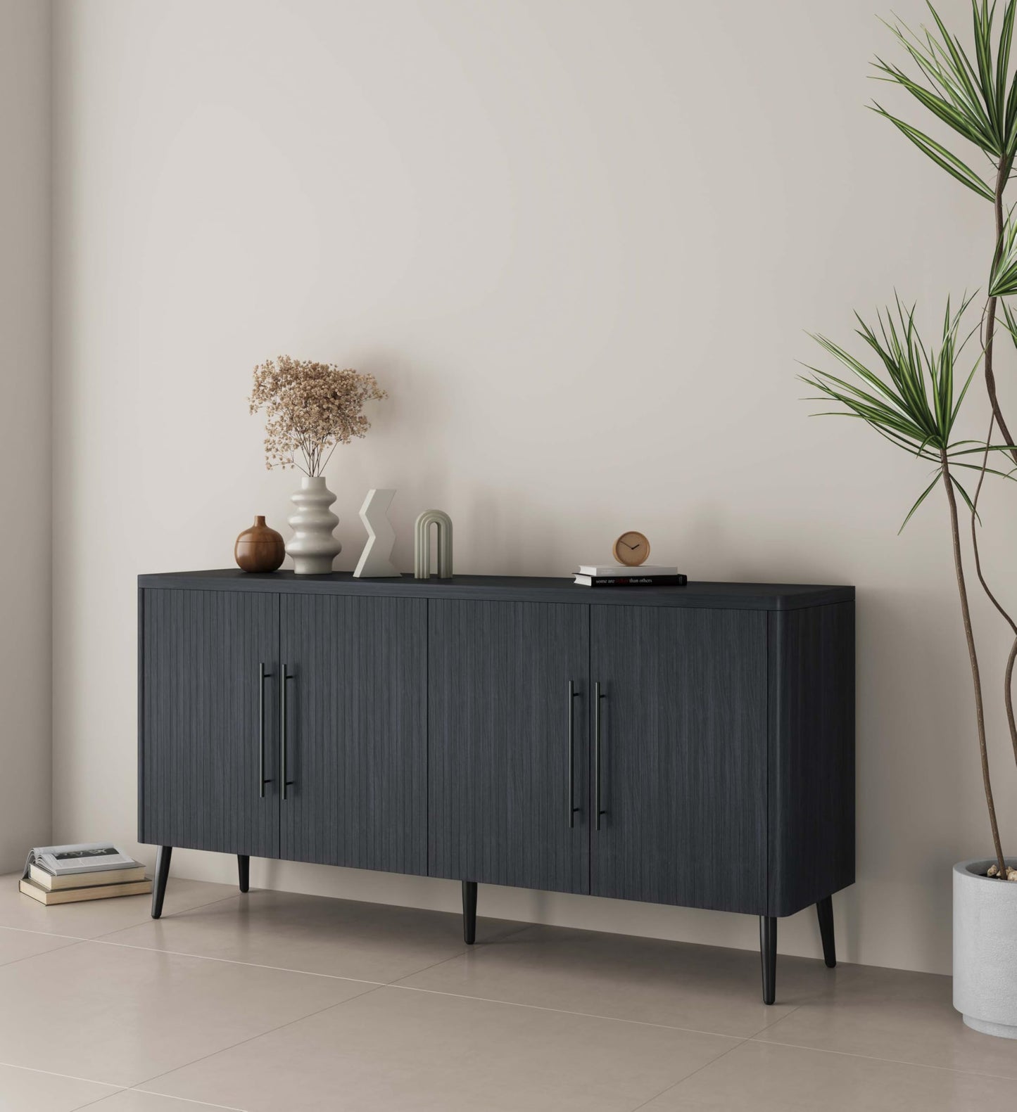 Manhattan Comfort Jodie 64" Sideboard Cabinet with Storage, Ribbed Soft-Close Doors & 8 Adjustable Cubby Shelves, Mid Century Modern Buffet Table for Entryway, Living Room or Office, Charcoal Grey