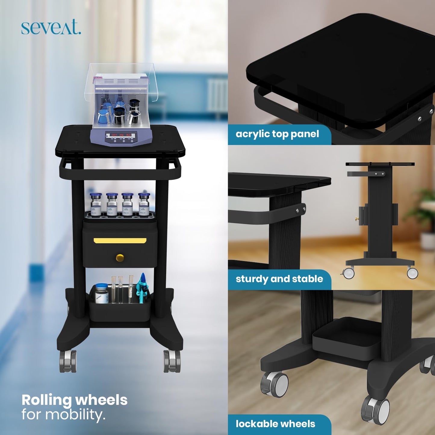 Seveat Professional Medical Cart | 3-Tier Rolling Trolley with Drawers | 198 lbs Capacity | Portable Utility Cart for Hospitals, Clinics, Spa, Office, or Home (Black)