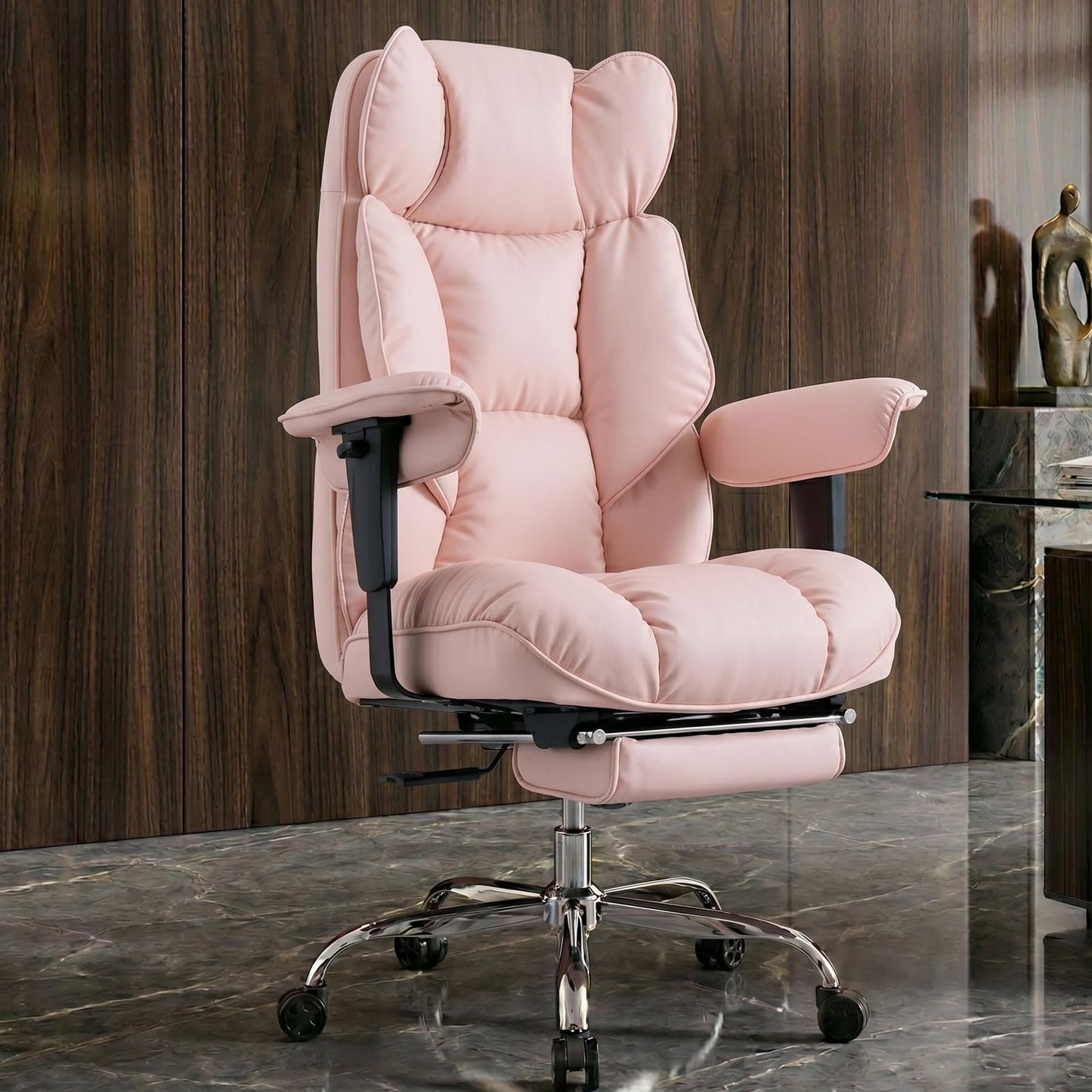 Efomao Big and Tall Office Chair 400lbs - Heavy Duty Reclining Desk Chair with Footrest, Spacious High Back PU Leather Executive Chair, Double-Layer Spring Support, Pink