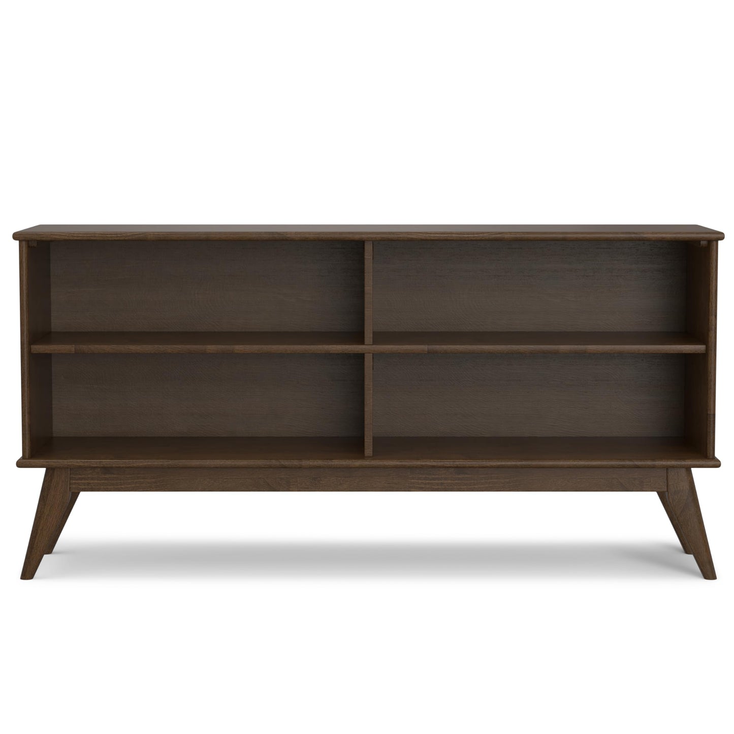 SIMPLIHOME Draper Bookcase - 30 inch Tall Solid Wood Low Bookshelf in Walnut Brown, Mid-Century Modern Storage for Living Room, Study Room or Office with Tapered Legs and Wide Open Shelves