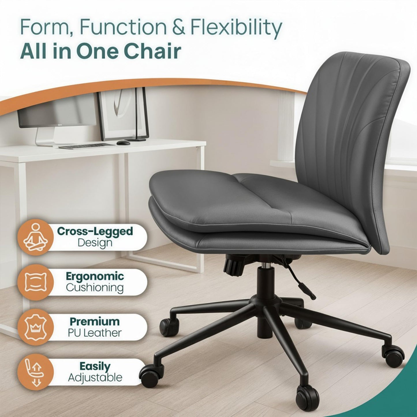 NYPOT Armless Desk Chair with Wheels for Criss Cross Sitting - Cross Legged Wide Armless Chair - Adjustable Vanity 360° Swivel Stool and 120° Rocking Wide Seat Comfy for Home and Office, Color Grey