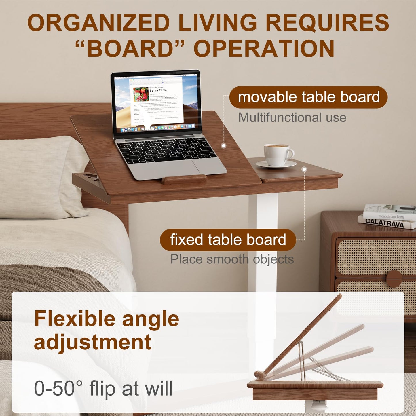 Muwuele Solid Wood Overbed Bedside Table with Wheels, Adjustable Medical Tilt Top Hospital Bed Table Over The Bed, Rolling Laptop Desk, Mobile Standing Desk for Hospital and Home Use (Walnut)