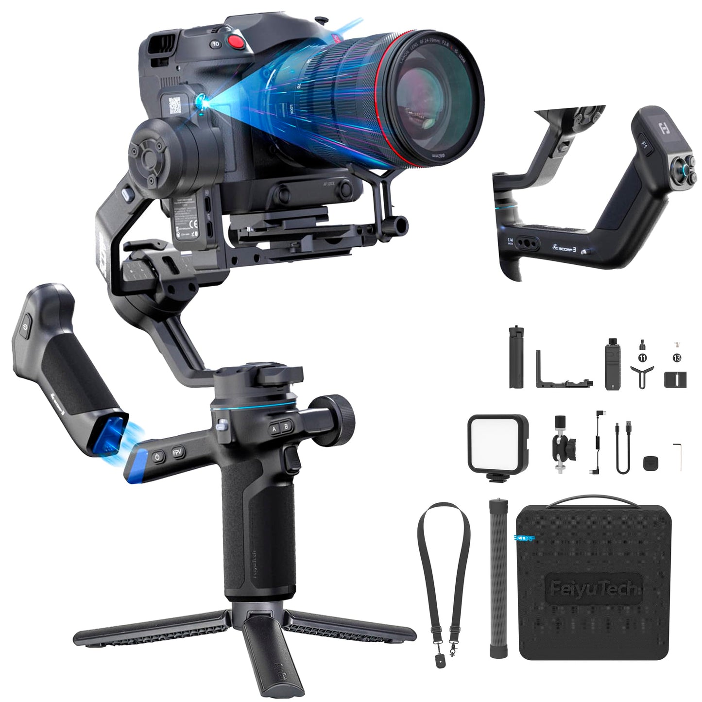 FeiyuTech SCORP 3 KIT Gimbal Stabilizer for DSLR and Mirrorless Camera,Built-in AI Tracking,Detachable Handle,3-Axis Gimbal for Sony/Canon/Nikon/Fujifilm, Max 3.5KG/7.72lbs,Touch Screen with Bag