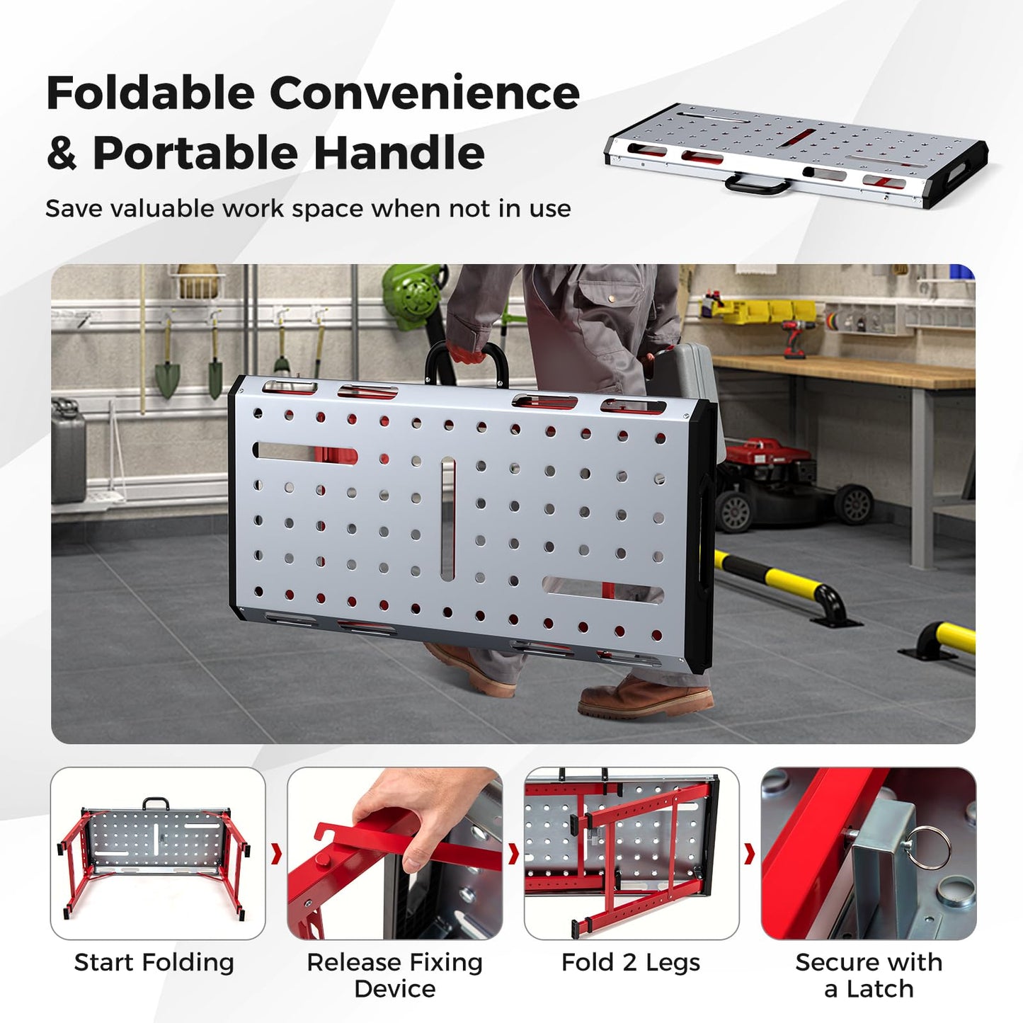 Goplus Portable Welding Table, 42" x 21" Folding Height Adjustable Weld Table Top w/1000LBS Capacity, 2 Bar Clamps, 8 Tool Slots, Handle, 0.7” Holes, Heavy-Duty Workbench Fixture Table for Garage