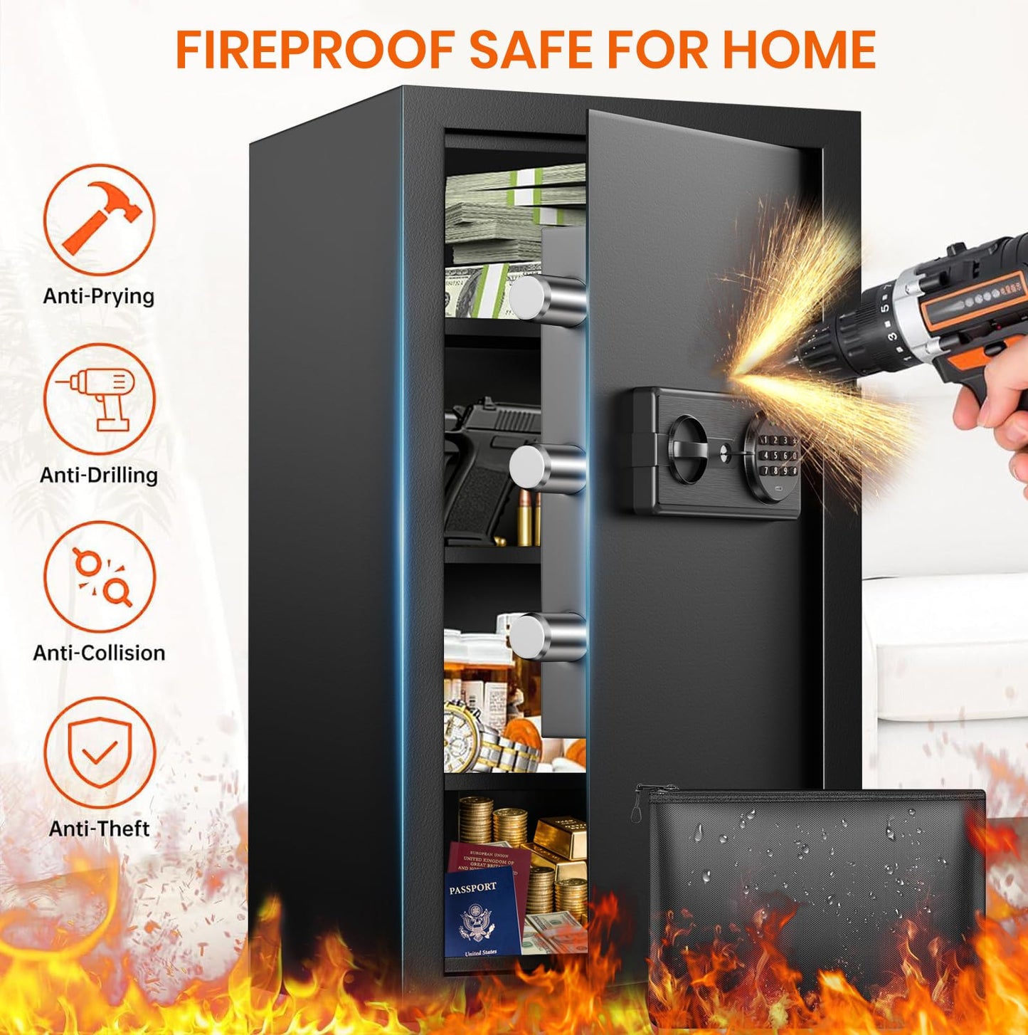 6.2 Cuft Large Home Safes Water and Fireproof with Digital Keypad & Key Lock, Fire Security Safe Box with 3 Removable Shelves, Fireproof Safes for Money Documents Jewelry, 27.56"H x13.78"W x 11.81"D