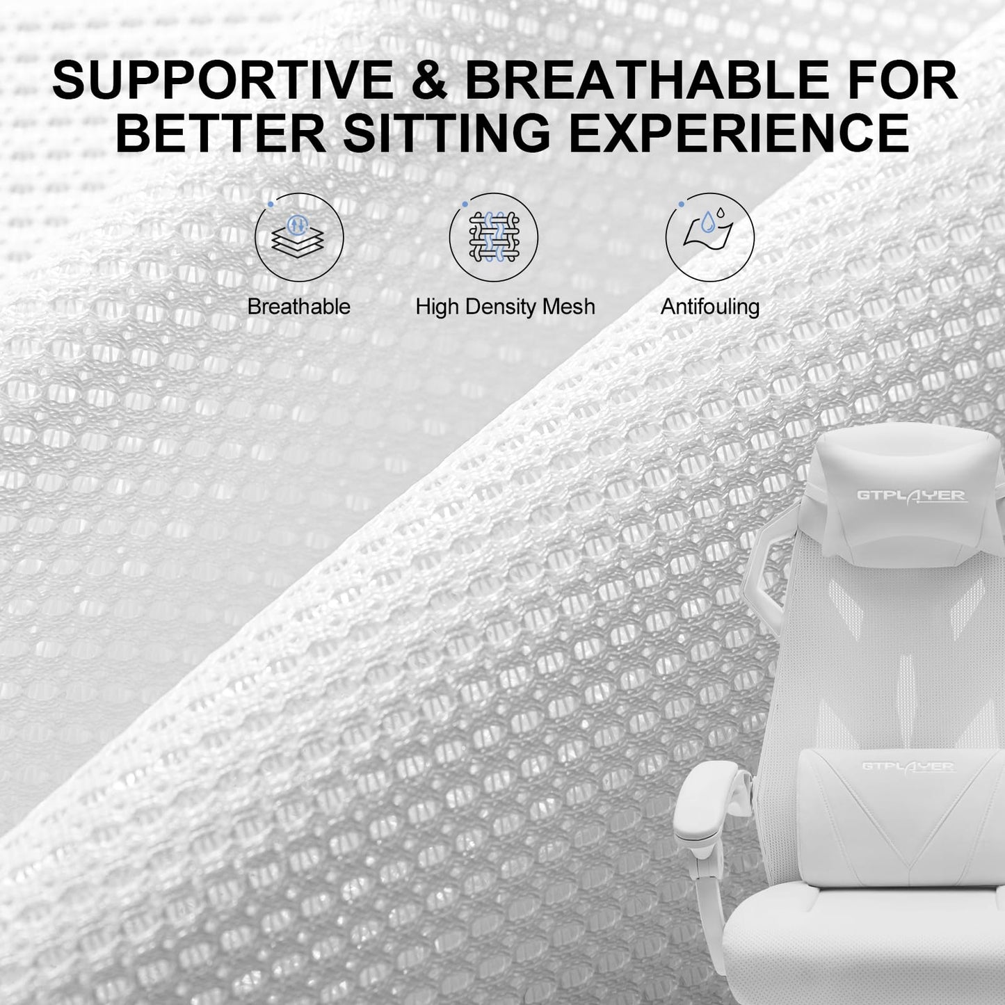 GTPLAYER Gaming Chair, Computer Chair with Mesh Back, Ergonomic Game Chair with Footrest, Reclining Game Chair with Adjustable Headrest and Lumbar Support for Gaming and Office (White)