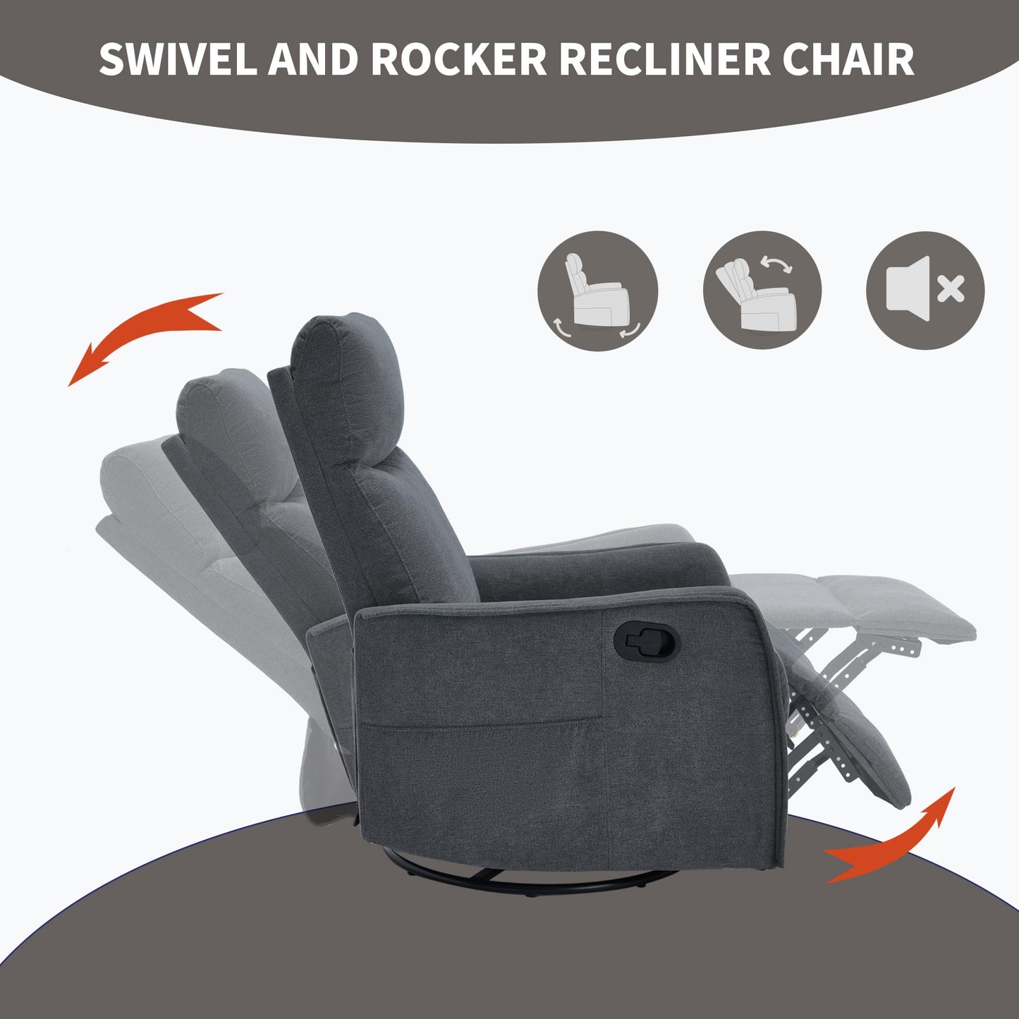KEIKI 4-in-1 Manual Swivel Rocker Recliner Chair for Home Living Room, Polyester Chair with Back Massager & Heat, Home Theater Seating with Lumbar Support, Tool Free Assembly for Any Space, Grey