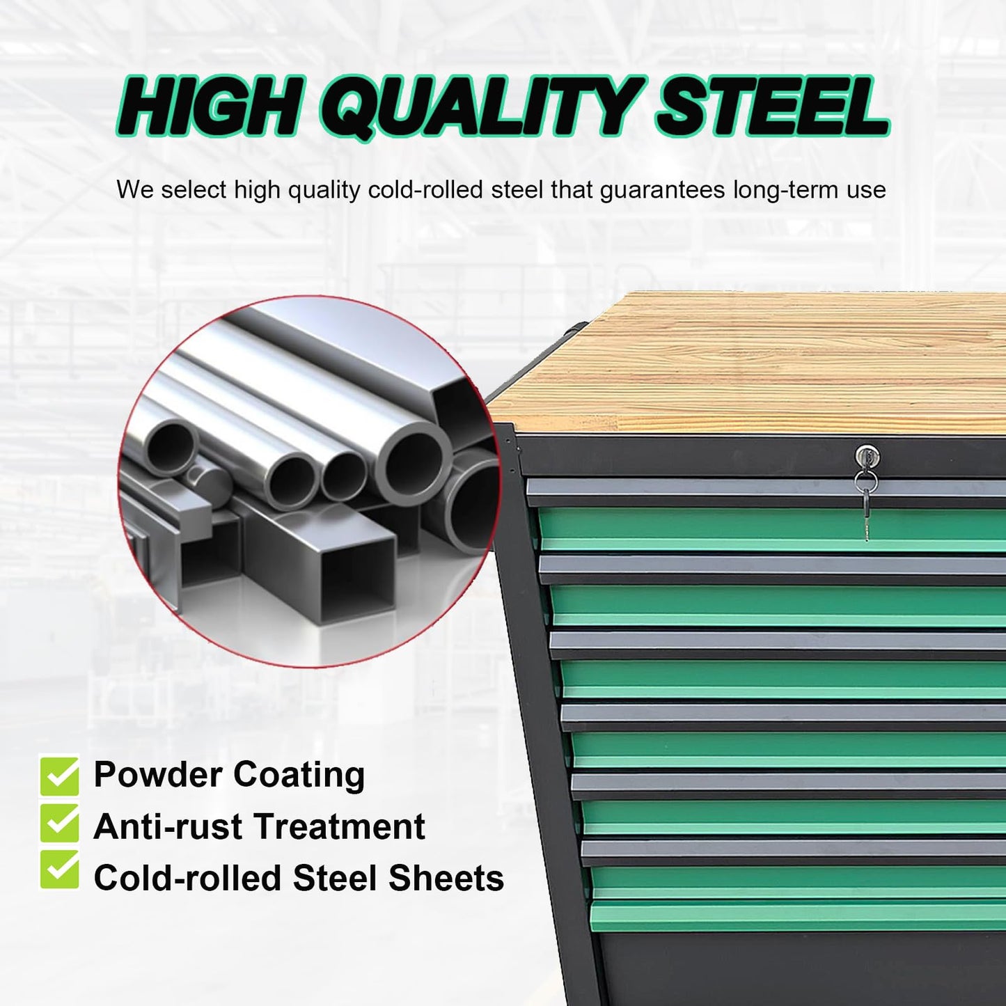 StrideoooTrek Tool Cabinet with 7 Storage Drawers, Wood Top Workbench, Brake Caster,Lockable Drawer,Black Metal Frame Tool Chest with Double Shelves for Garage, Workshop, or Outdoor Use(7 Drawers)