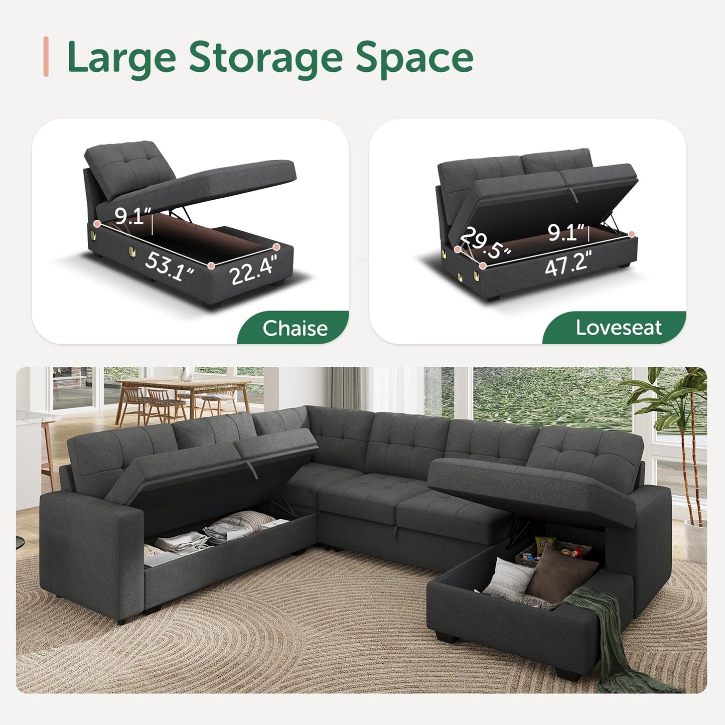 HONBAY Sectional Sleeper Sofa Pull Out Bed with Storage Chaise, Sleeper Sectional Sofa Couch, Sectional Sleeper Bed for Living Room, Dark Grey