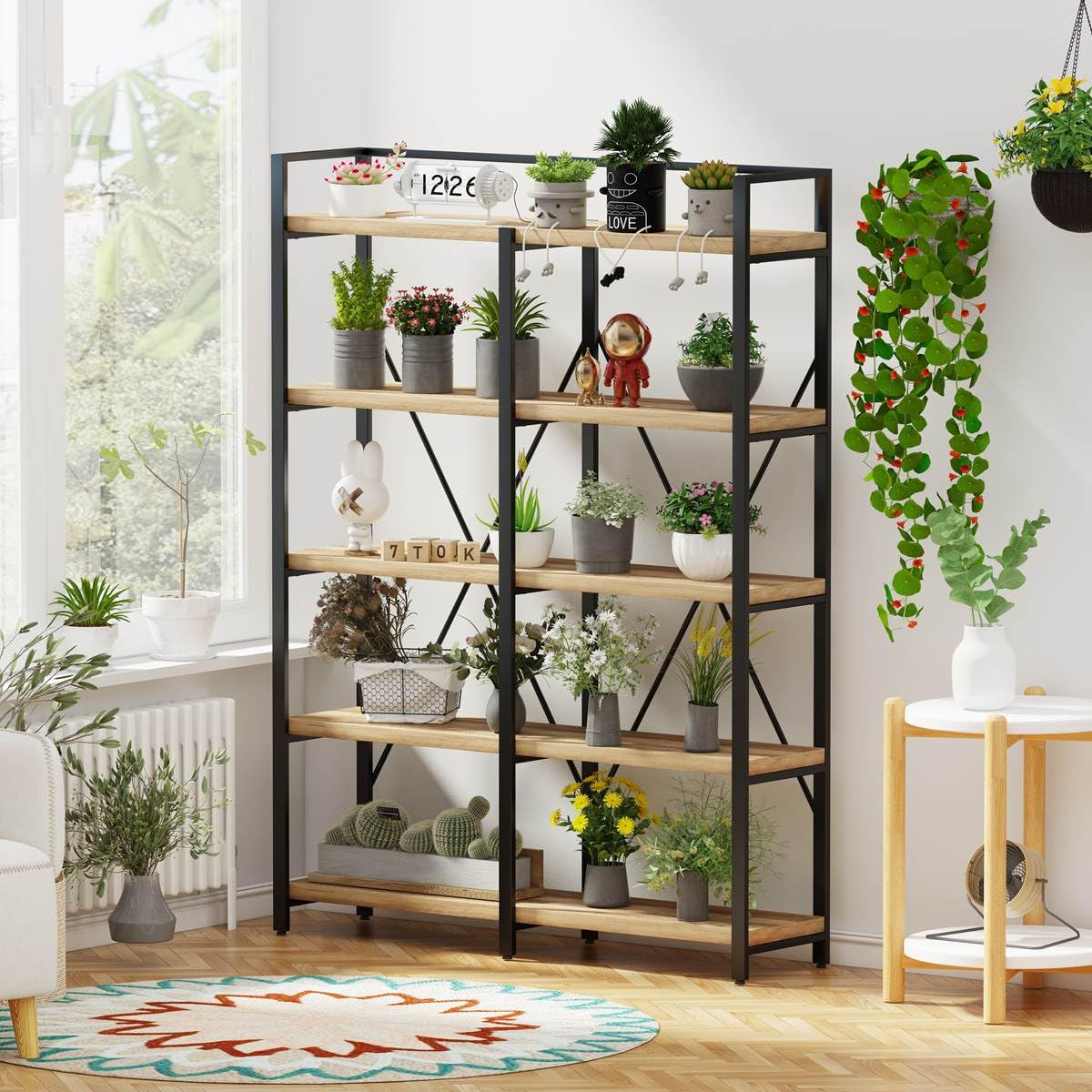 FATORRI Bookshelf, 5 Tier Industrial, Tall Etagere Bookcase, Rustic Wood and Metal Book Shelf with Large Open Shelving Unit for Home Office Living Room (Rustic Oak, 51 Inch Wide)