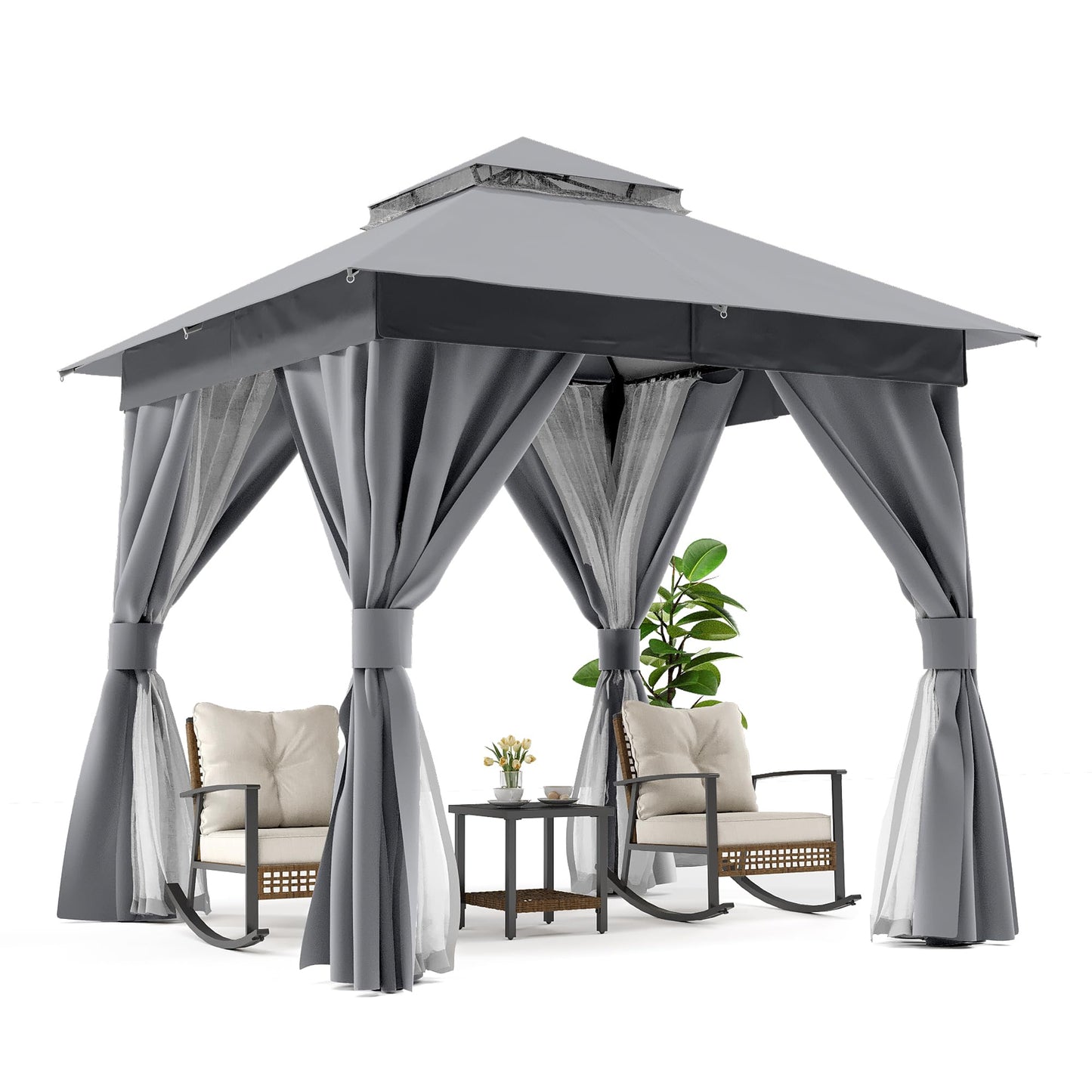 LAUSAINT HOME Patio Gazebo 8'x8', Outdoor Heavy Duty Party Tent Shelter with Double Roofs, Mosquito Nettings and Privacy Screens for Backyard, Garden, Lawn, Gray