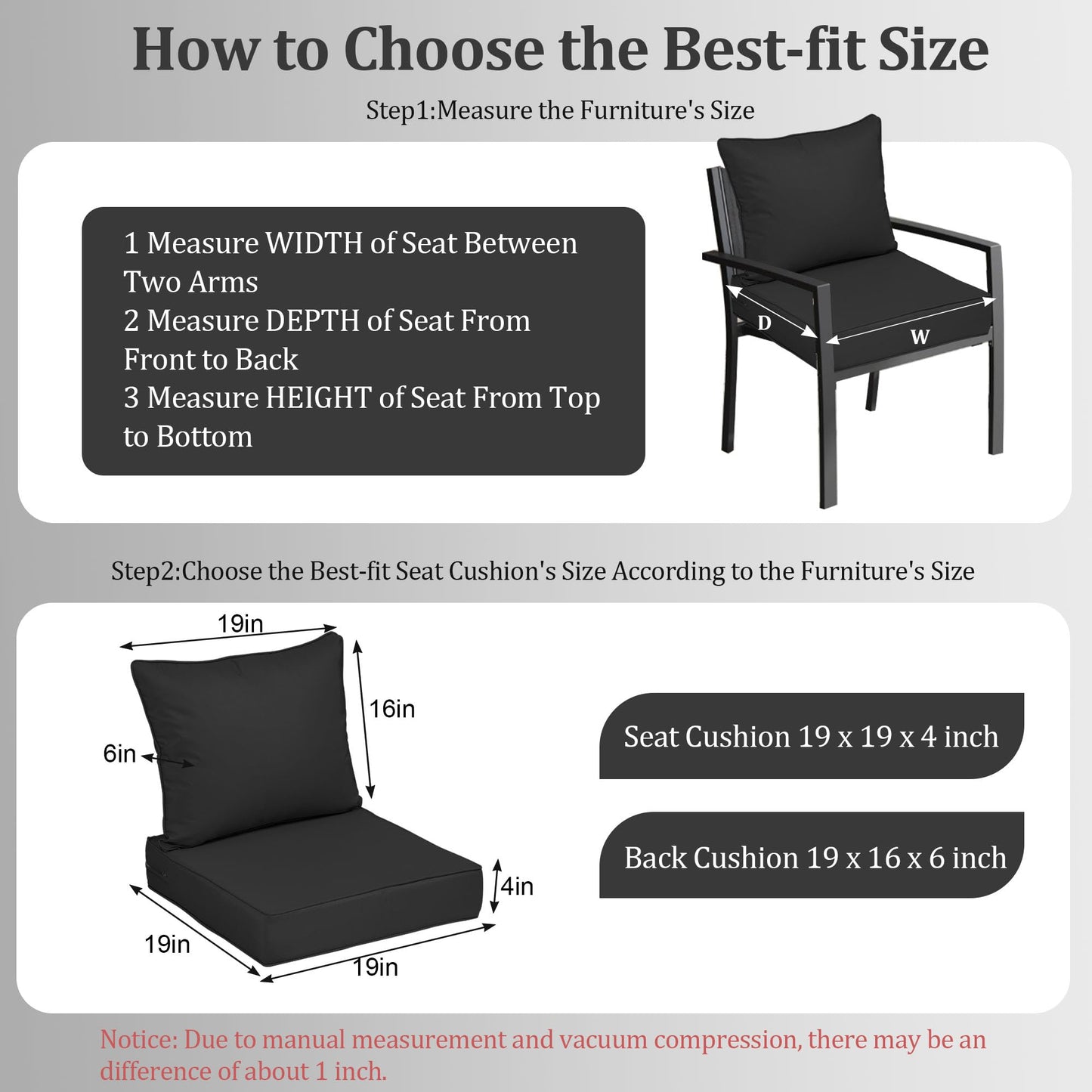 PZDJUMO Outdoor Chair Cushion, 19 x 19 Inch Waterproof Deep Seat Patio Cushions Set of 4, Loveseat Cushions for Outdoor Furniture, 4'' Thick Patio Furniture Cushion with Handle Straps, Black