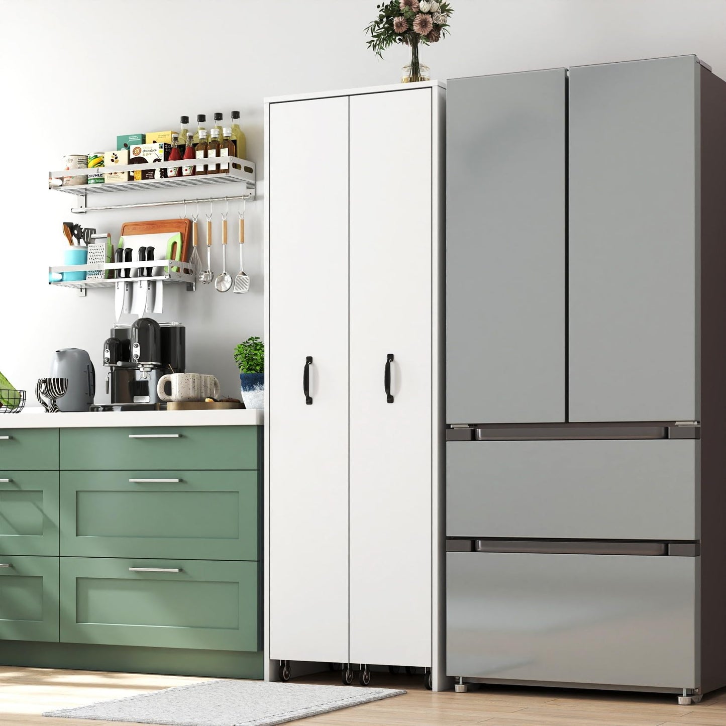 KEIKI Pull-Out Kitchen Pantry Storage Cabinet with Multi-Tier Shelf & Wheels, Spice Rack Next to Fridge, Freestanding Wood Bookcase Hutch Food Pantries Cupboard for Dining Room, Narrow Spaces, Office