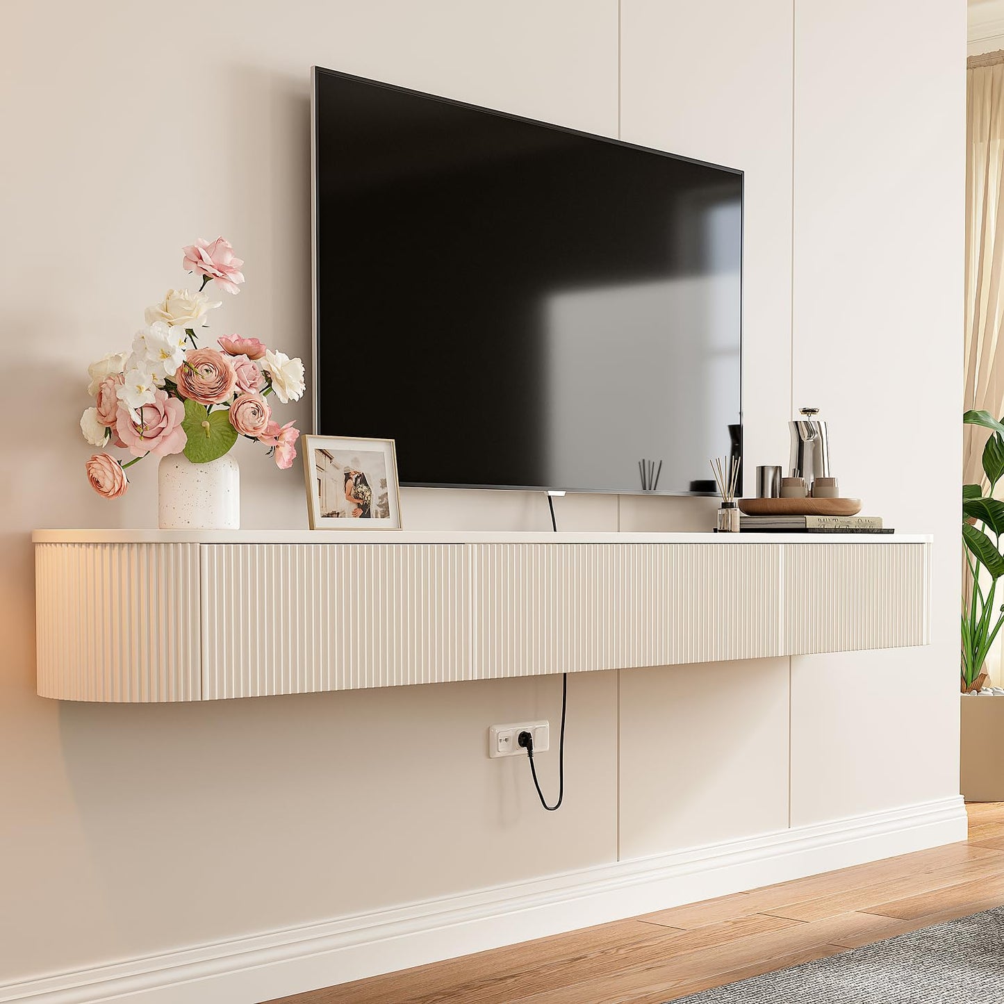 FloatiCasa Floating TV Stand with Drawers 94'',Wall Mount TV Stand,Floating Entertainment Center Shelf for Bedroom Living Room Under TV,Fully Assembled,Off-White
