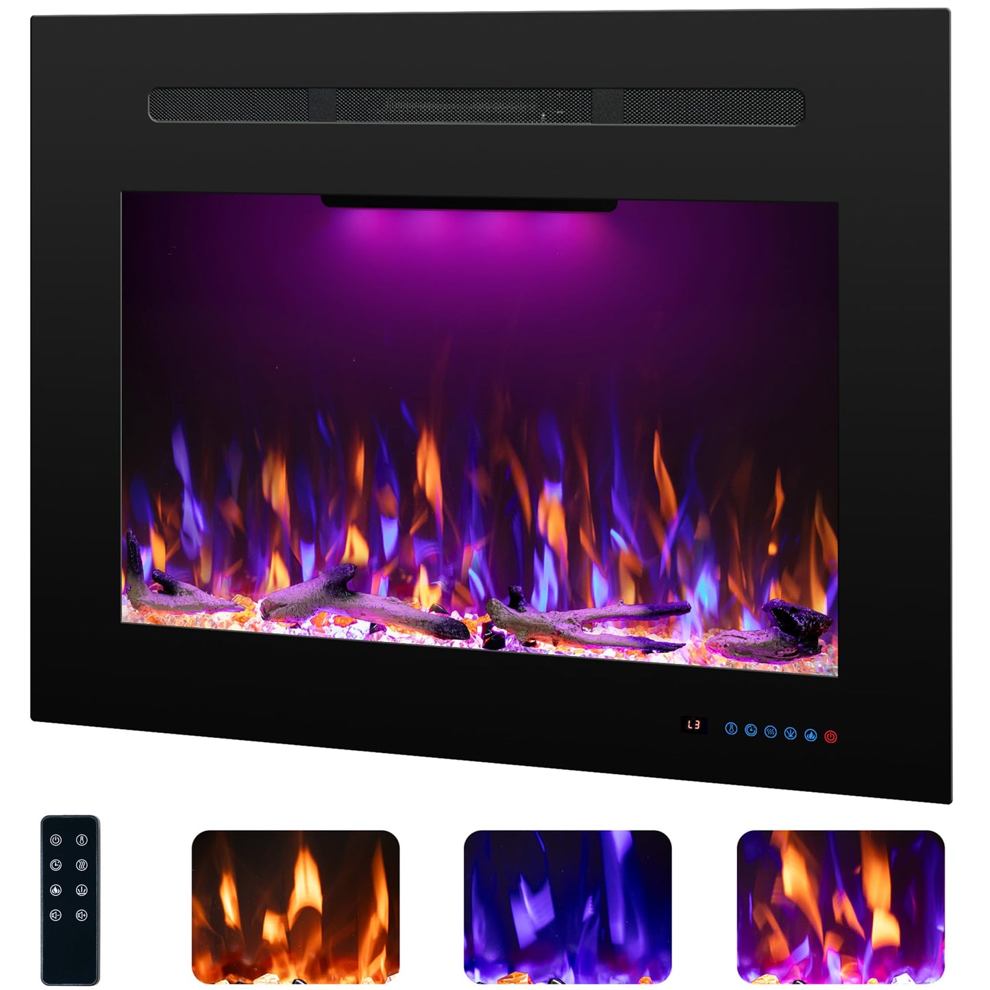 Rodalflame 29.6" W Rear Electric Fireplace Inserts with 3 Flame & Top Light, Recessed Fireplace Heater with Thermostat, 750/1500W, Crackling Sound, Logs & Crystals, Timer, No Wall Mount