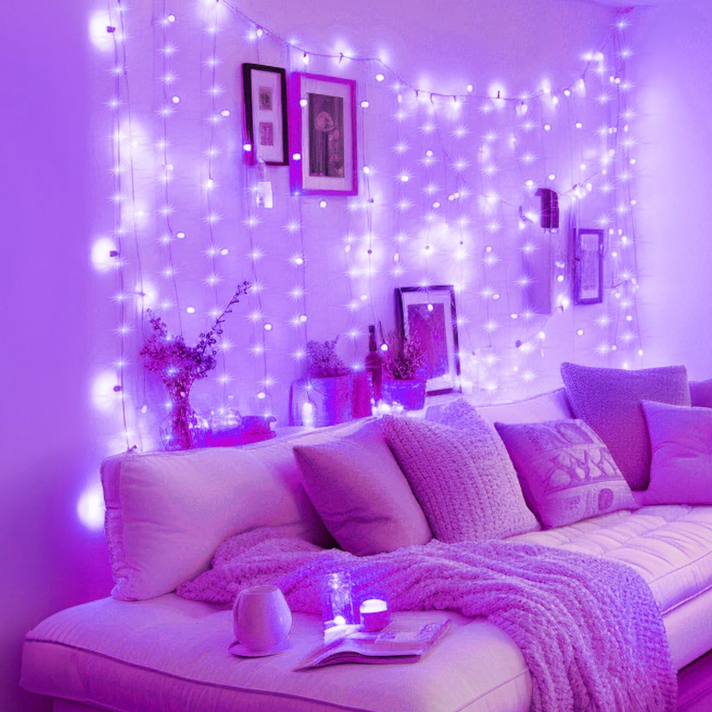 Minetom Purple Curtain Lights, 300 LED Dimmable Fairy Lights, USB Powered, 1 Pack, 8 Modes