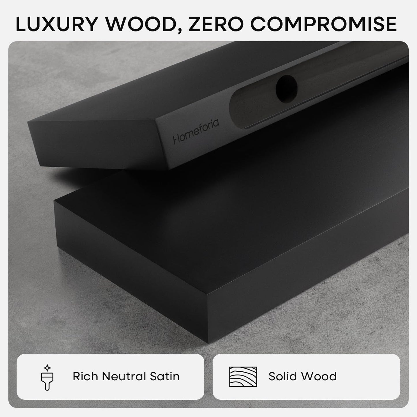 Homeforia Floating Black Shelf 60 inch, High End Solid Real Wood 60 inches Long Floating Shelves for Wall, Black Wooden 60inch Large Floating Shelves, Heavy Duty Bracket, 60 X 6.5 X 1.75 in, Set of 2