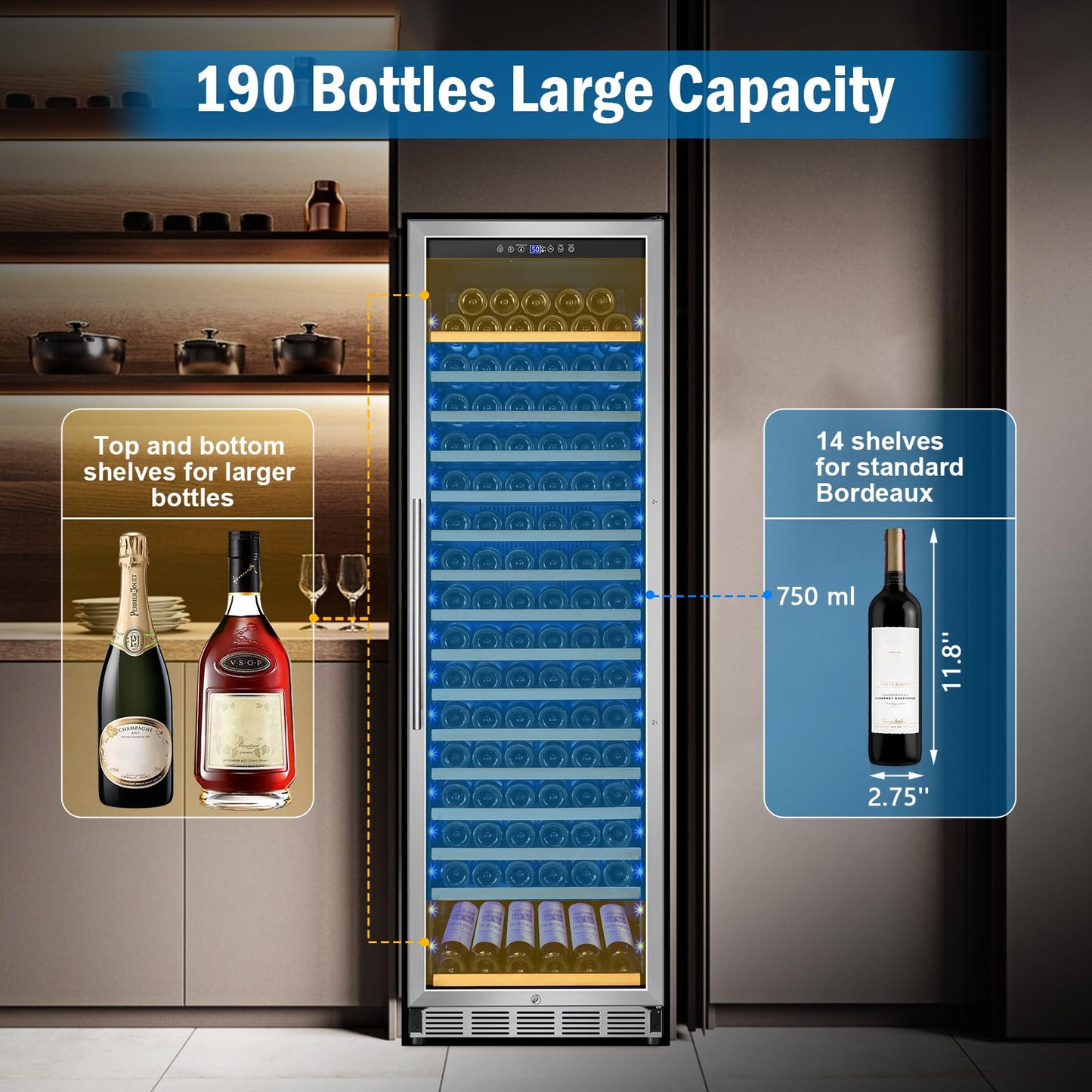 FoMup Wine Fridge 24 Inch, 190 Bottles Freestanding or Built-in Wine Cooler Refrigerator with Sliding Rail Shelves, Professional Wine Cellar Low Noise with Upgraded Reversible Door