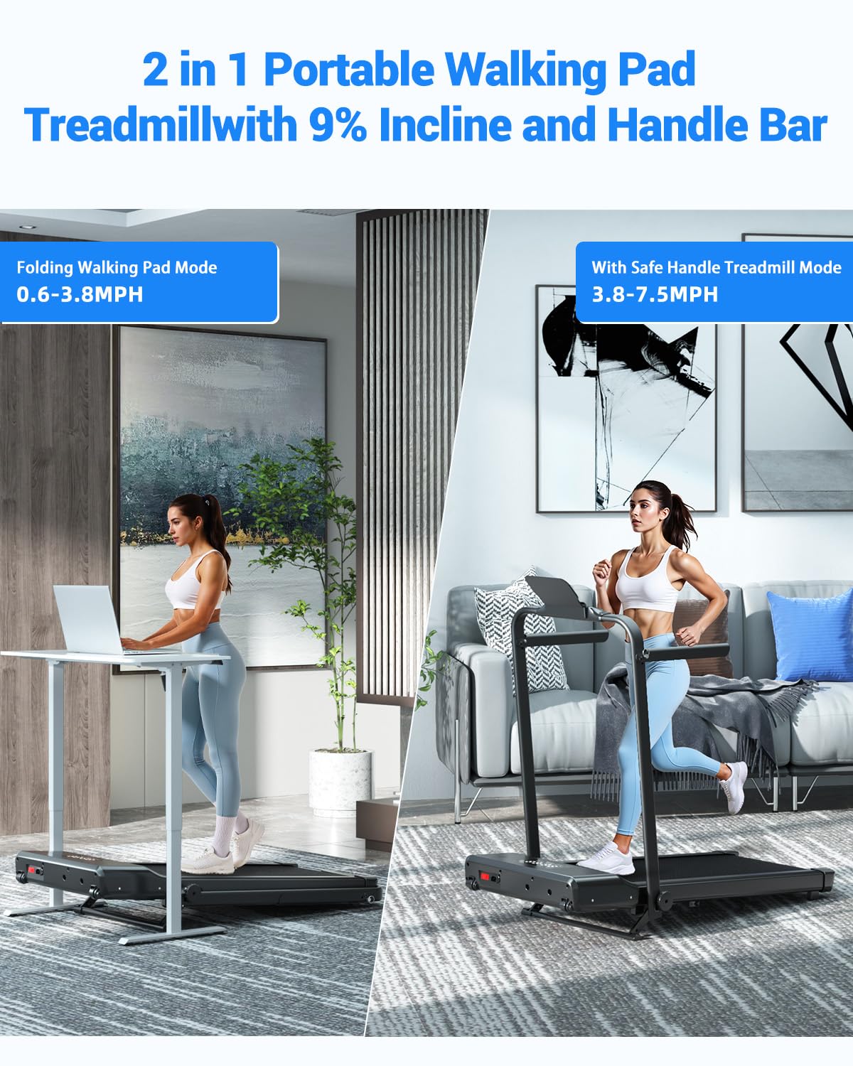 Superun Walking Pad Treadmill with Handle Bar, 300 LBS Capacity Treadmills for Home, 3.0HP Portable Under Desk Treadmill for Home Office with LED Display Remote APP Control