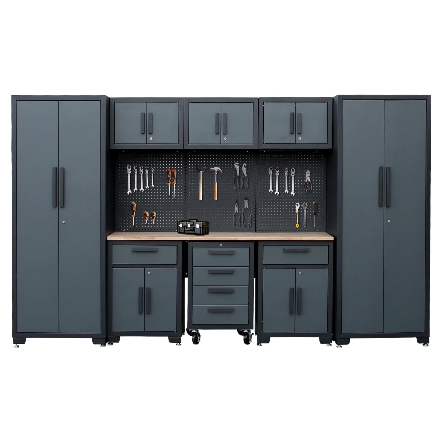 Tsnritor Garage Storage Cabinet System, 9PCS Tool Chest Workbench Storage System in Black, Included Steel Cabinets Drawers Rolling Chest and Pegboard,Locked Garage Storage Cabinet,Grey Handle