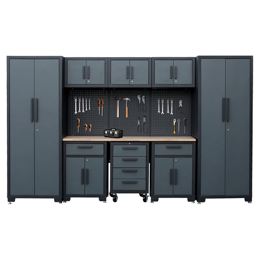 Tsnritor Garage Storage Cabinet System, 9PCS Tool Chest Workbench Storage System in Black, Included Steel Cabinets Drawers Rolling Chest and Pegboard,Locked Garage Storage Cabinet,Grey Handle