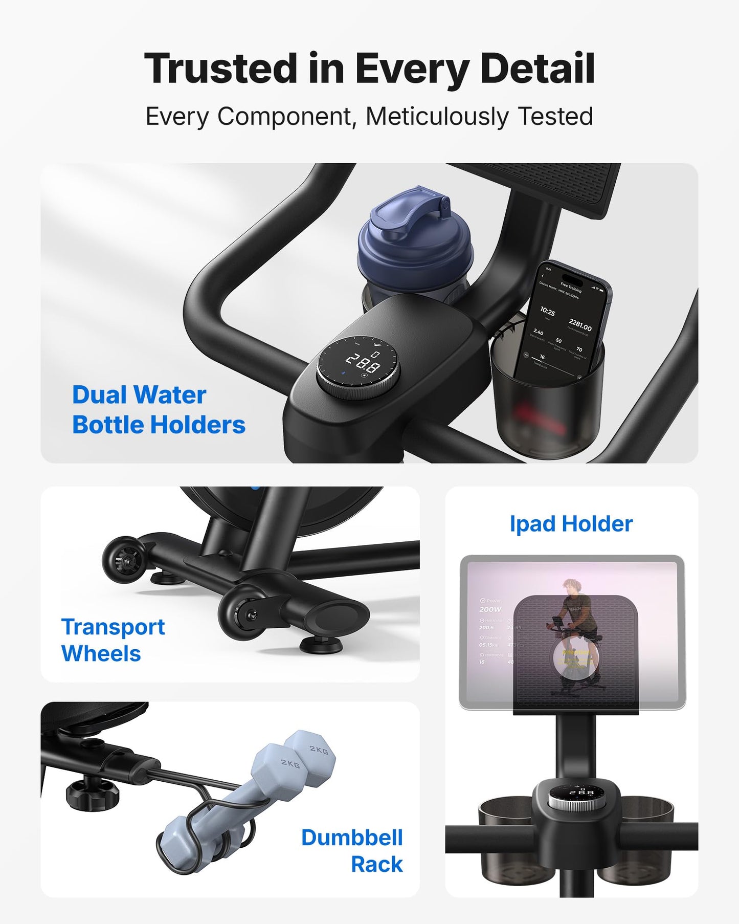 Merach Exercise Bike, Brake Pad/Magnetic Stationary Bike with Exclusive App, Low Noise Indoor Cycling Bike with 270LBS Weight Capacity, Dumbbell Rack and Fitness Courses for Weight Loss