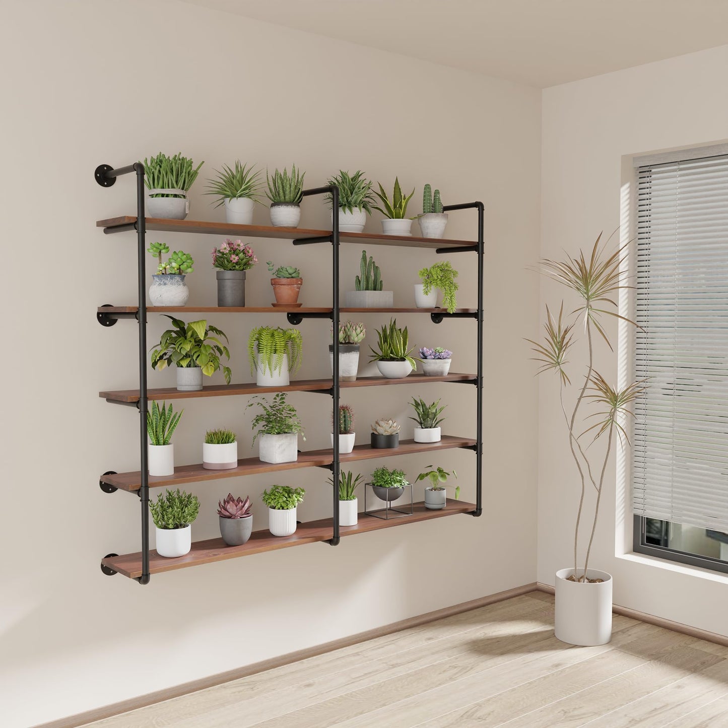 ONOTETUT Industrial Iron Pipe Shelf 5 Tier,72 inch Pipe Shelving with Solid Wood Plank,Open Book Shelves Storage,Floating Wall Mount Bookcases for Living Room,Office,Kitchen
