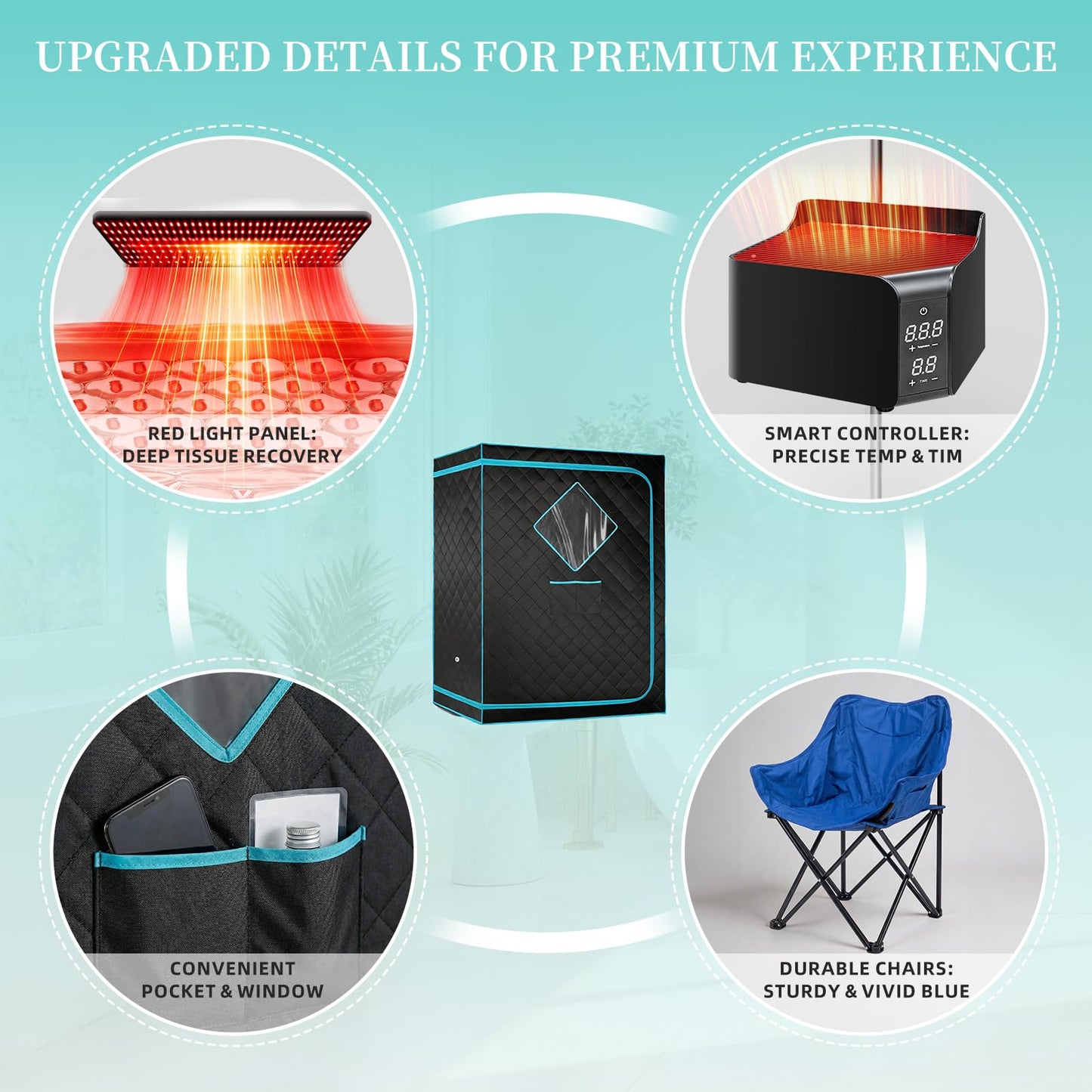 ZONEMEL Upgrade Portable Hot Air Sauna, 1 or 2 Person Home Sauna, 1500W & 149°F Dry Sauna Box, with 660nm Red Light Therapy, Folding Chairs (110V)