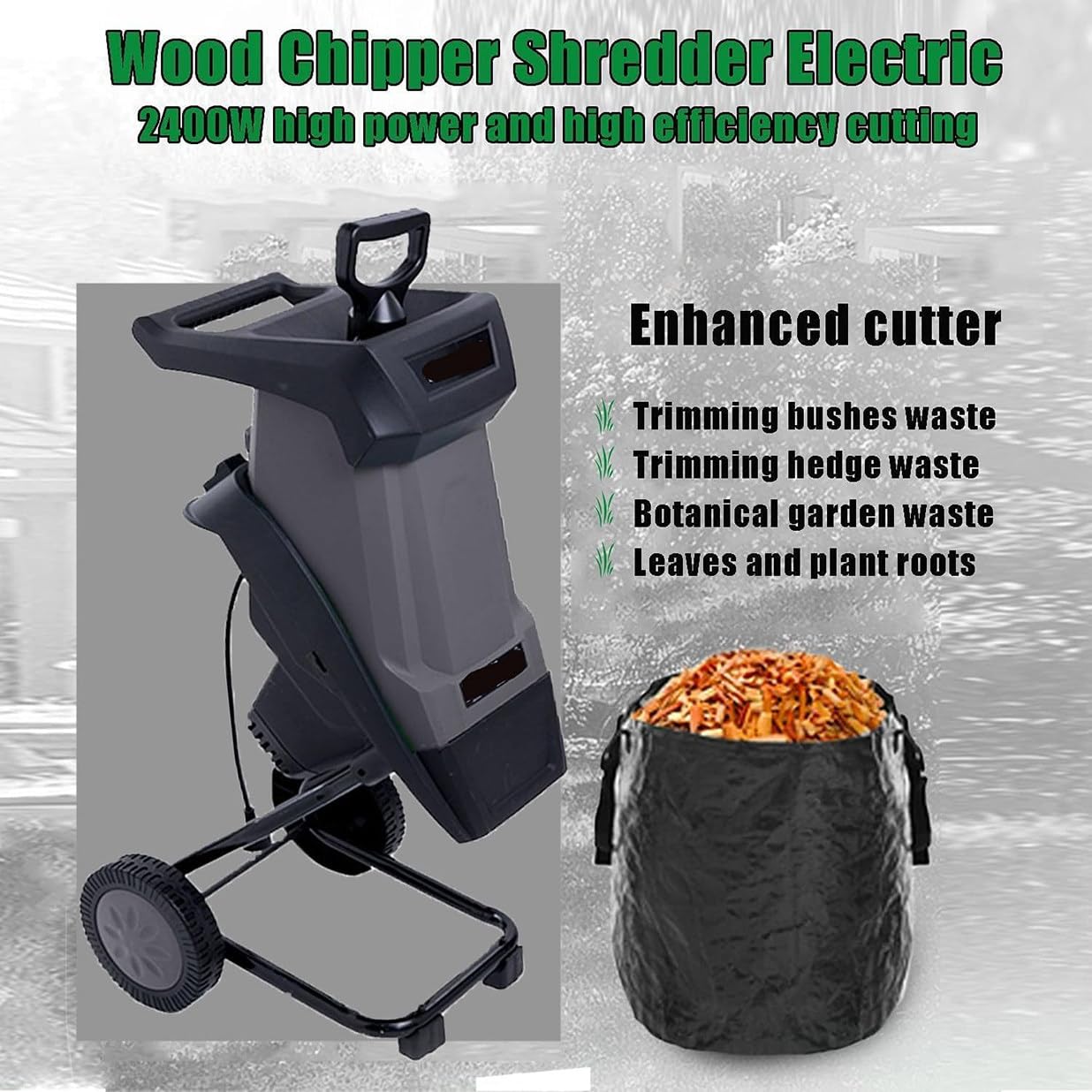 CYMYYDS 2400W Electric Wood Chipper, High-Power Garden Shredder Crusher, Crush up to 40mm, with Wheels and 50L Collection Bag for Garden Debris, Leaves and Branches Grey