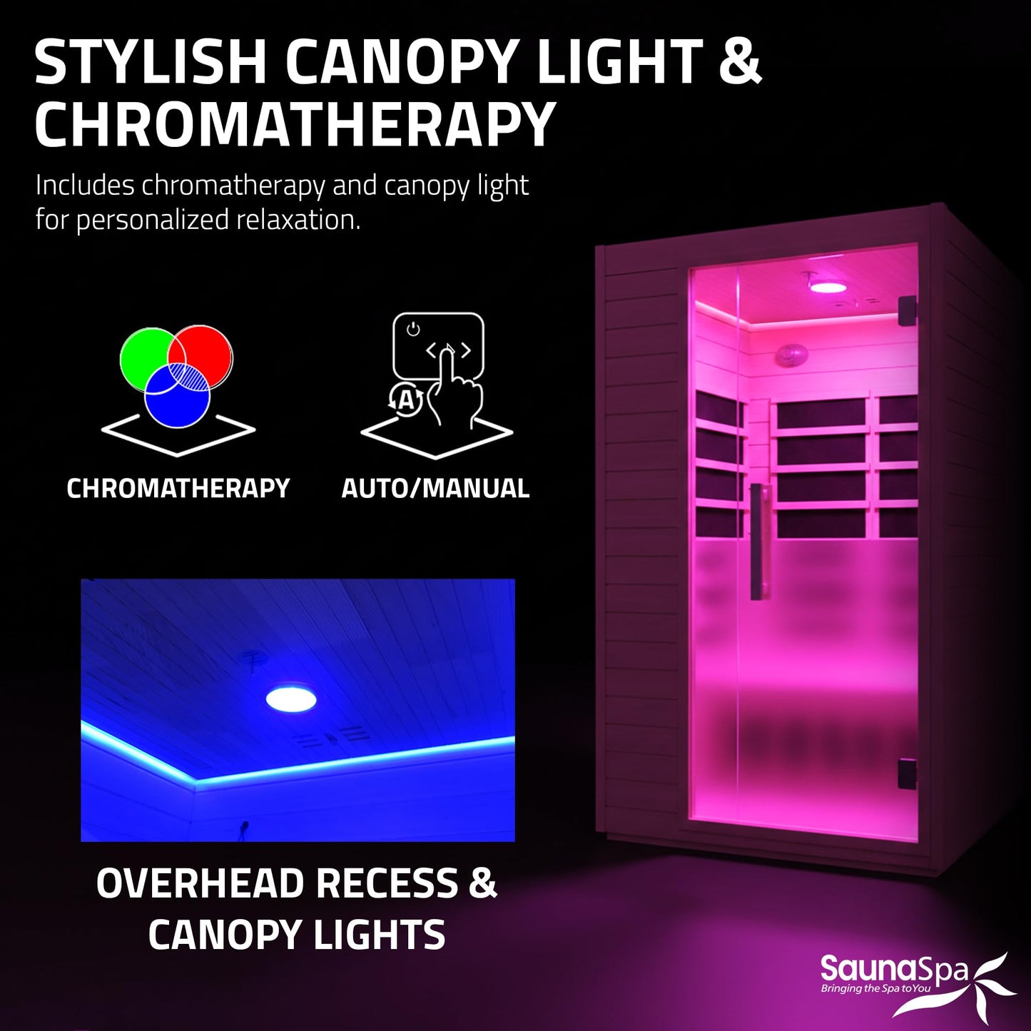 SaunaSpa Indoor 2-Person Infrared Cabin Sauna | Canadian Hemlock Wood Sauna with Low EMF Infrared Heating Panels, Tempered Glass Door, Chromotherapy Lighting, and Touch Control Panel with Bluetooth