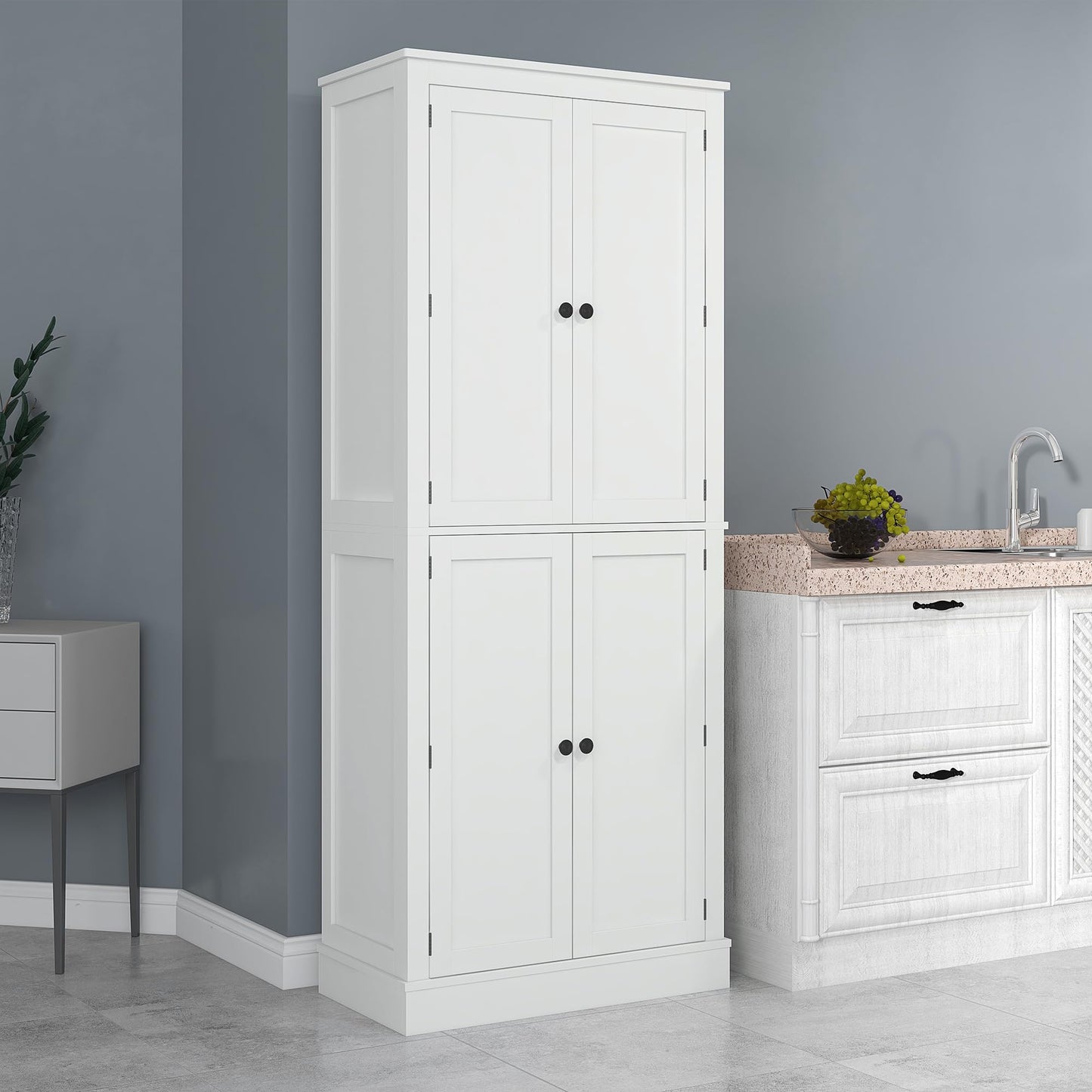 HOMCOM 72" Kitchen Pantry, Modern 4-Door Kitchen Storage Cabinet with Inside Drawer, Hanging Door Shelves, 5-Tier Shelving and Adjustable Shelf, White