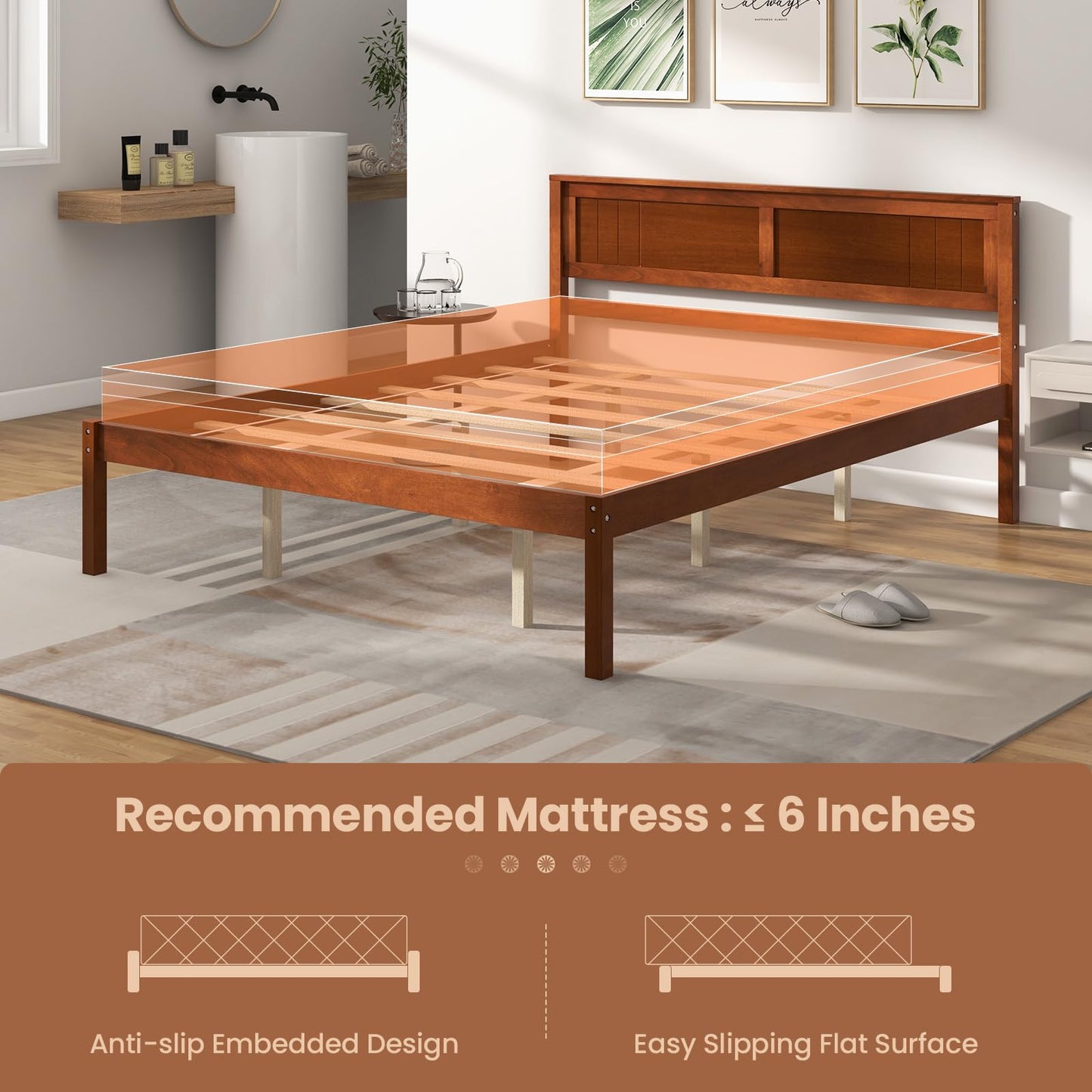 Giantex Wood Queen Platform Bed with Headboard, Mid Century Solid Wood Bed Frame with Wood Slat Support, Wooden Mattress Foundation with 12" Under Bed Storage for Bedroom, Easy Assembly, Walnut