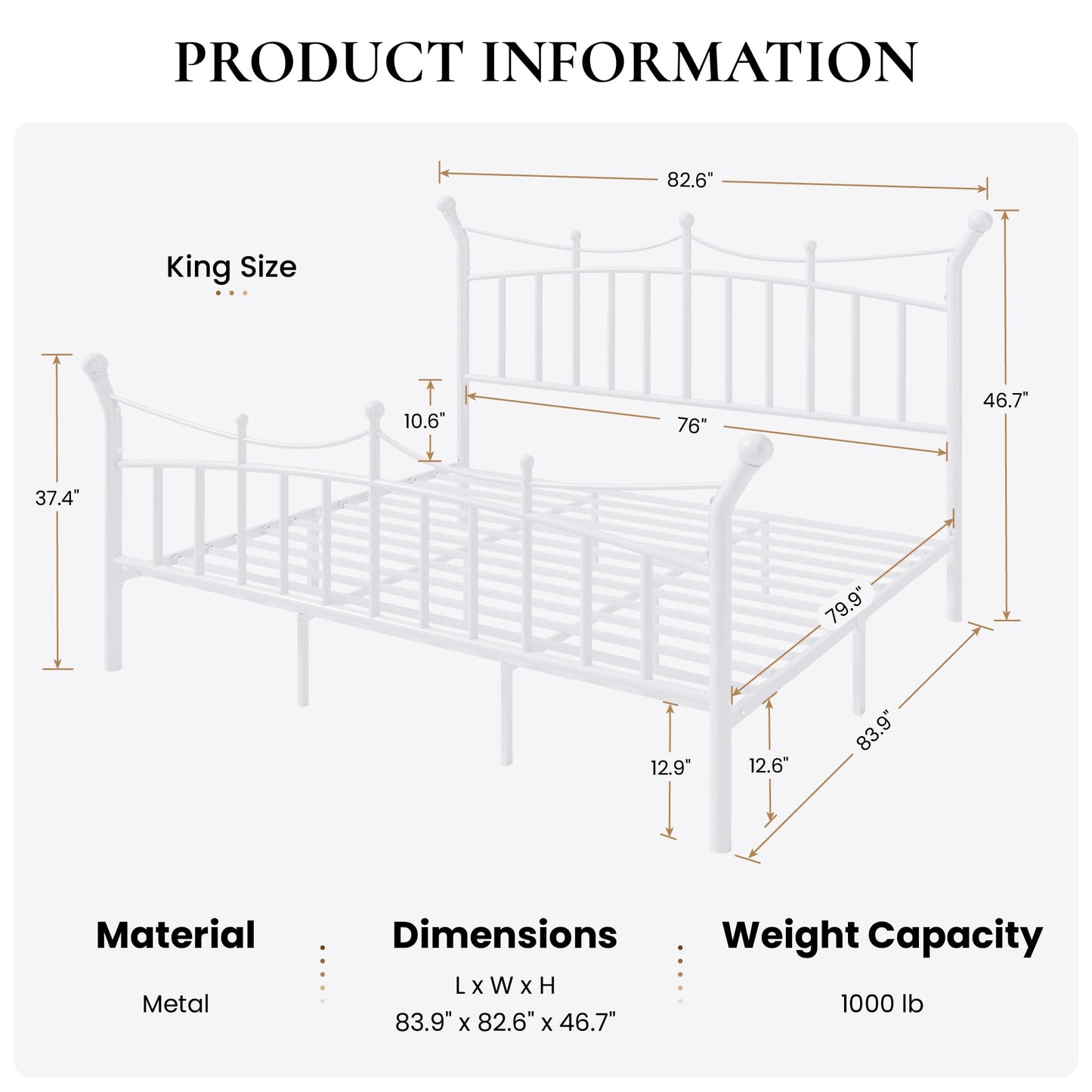 SHA CERLIN 14 Inches King Size Metal Platform Bed Frame with Crown Style Victorian Headboard & Footboard, Ample Under Bed Storage, Noise Free, Easy Assembly, No Box Spring Needed, White