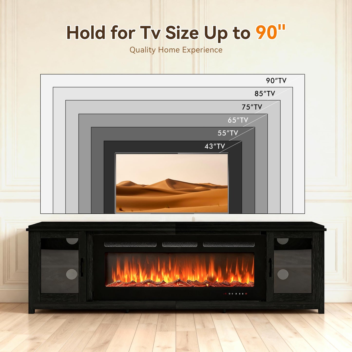 OneBlis 80" Fireplace TV Stand, Modern 50" Smart Fireplace Fire Place TV Console, Adjustable Entertainment Center with 12-Color LED Lights, for Living Room, Black